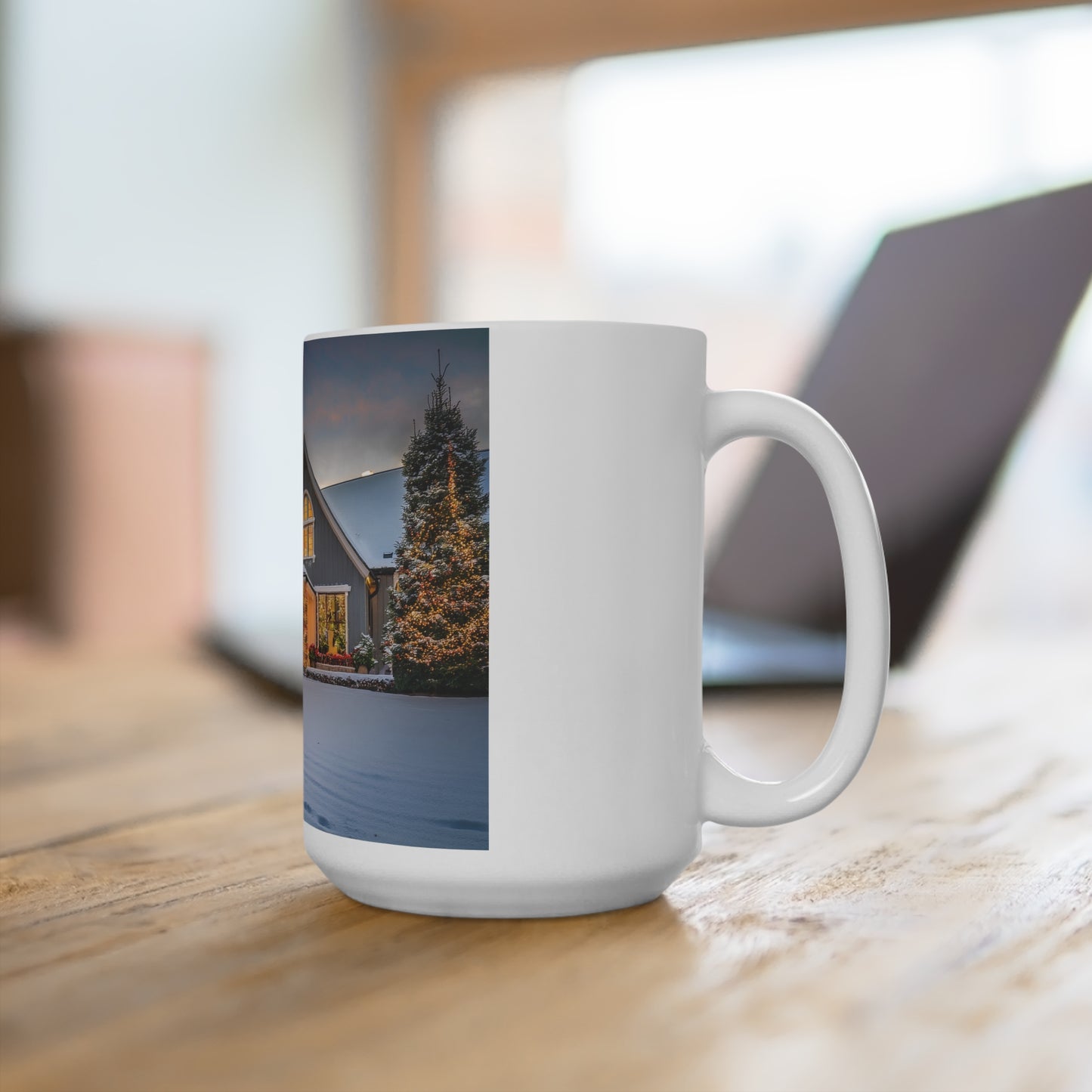 15oz Christmas Snowy Cottage Mug — Cozy Holiday Winter Scene Coffee Cup