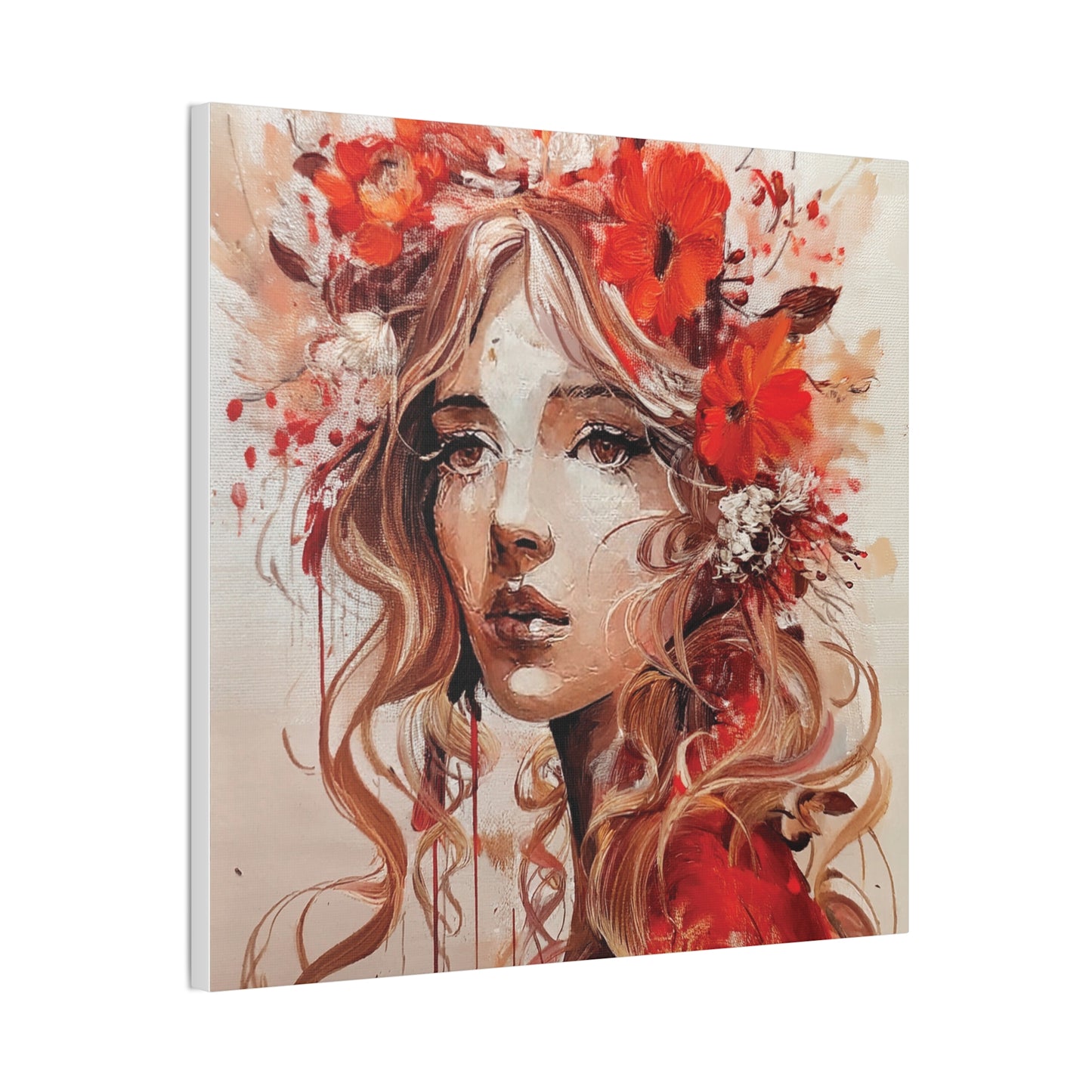 Stretched Canvas Art Print - Floral Portrait, Home Decor, Gift, Wall Art, Boho Style, Art for Living Room, Unique Gift Idea