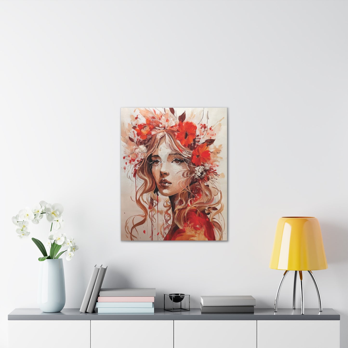 Stretched Canvas Art Print - Floral Portrait, Home Decor, Gift, Wall Art, Boho Style, Art for Living Room, Unique Gift Idea