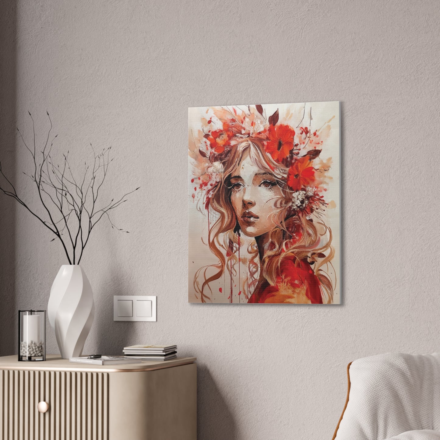 Stretched Canvas Art Print - Floral Portrait, Home Decor, Gift, Wall Art, Boho Style, Art for Living Room, Unique Gift Idea