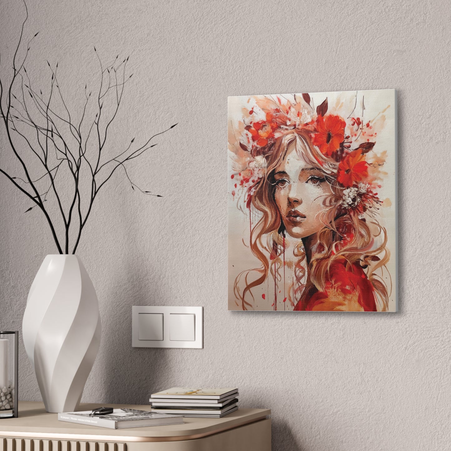 Stretched Canvas Art Print - Floral Portrait, Home Decor, Gift, Wall Art, Boho Style, Art for Living Room, Unique Gift Idea