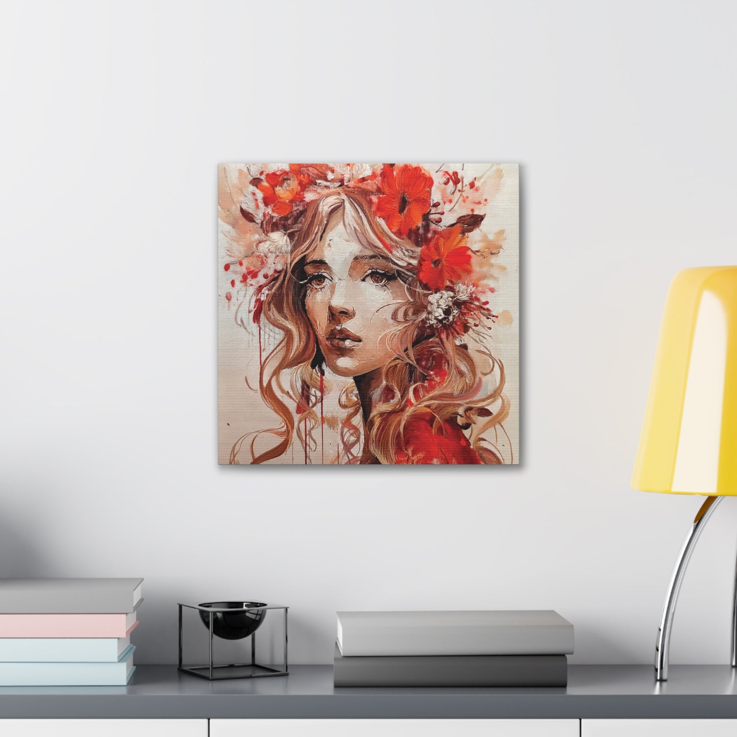 Stretched Canvas Art Print - Floral Portrait, Home Decor, Gift, Wall Art, Boho Style, Art for Living Room, Unique Gift Idea