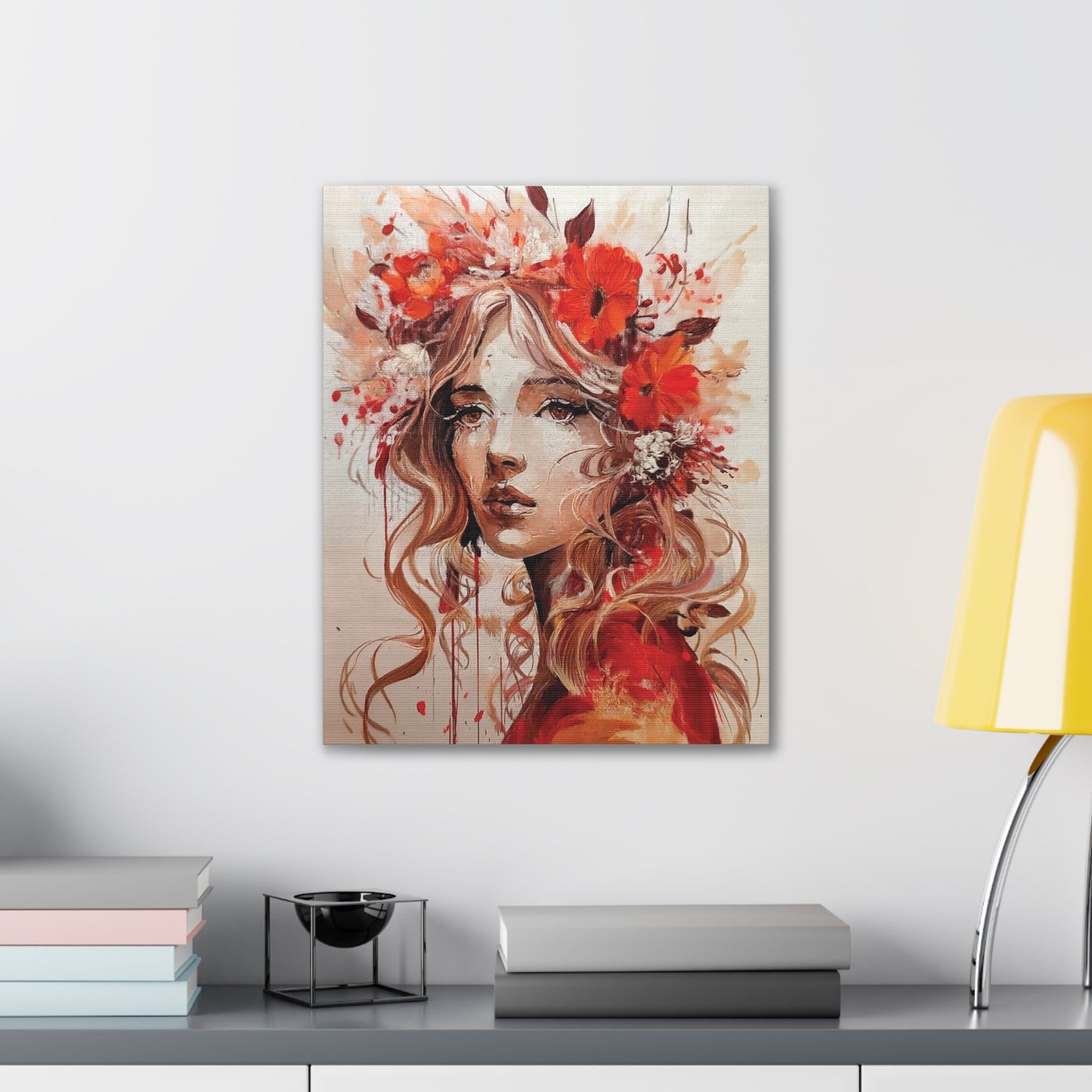 Stretched Canvas Art Print - Floral Portrait, Home Decor, Gift, Wall Art, Boho Style, Art for Living Room, Unique Gift Idea