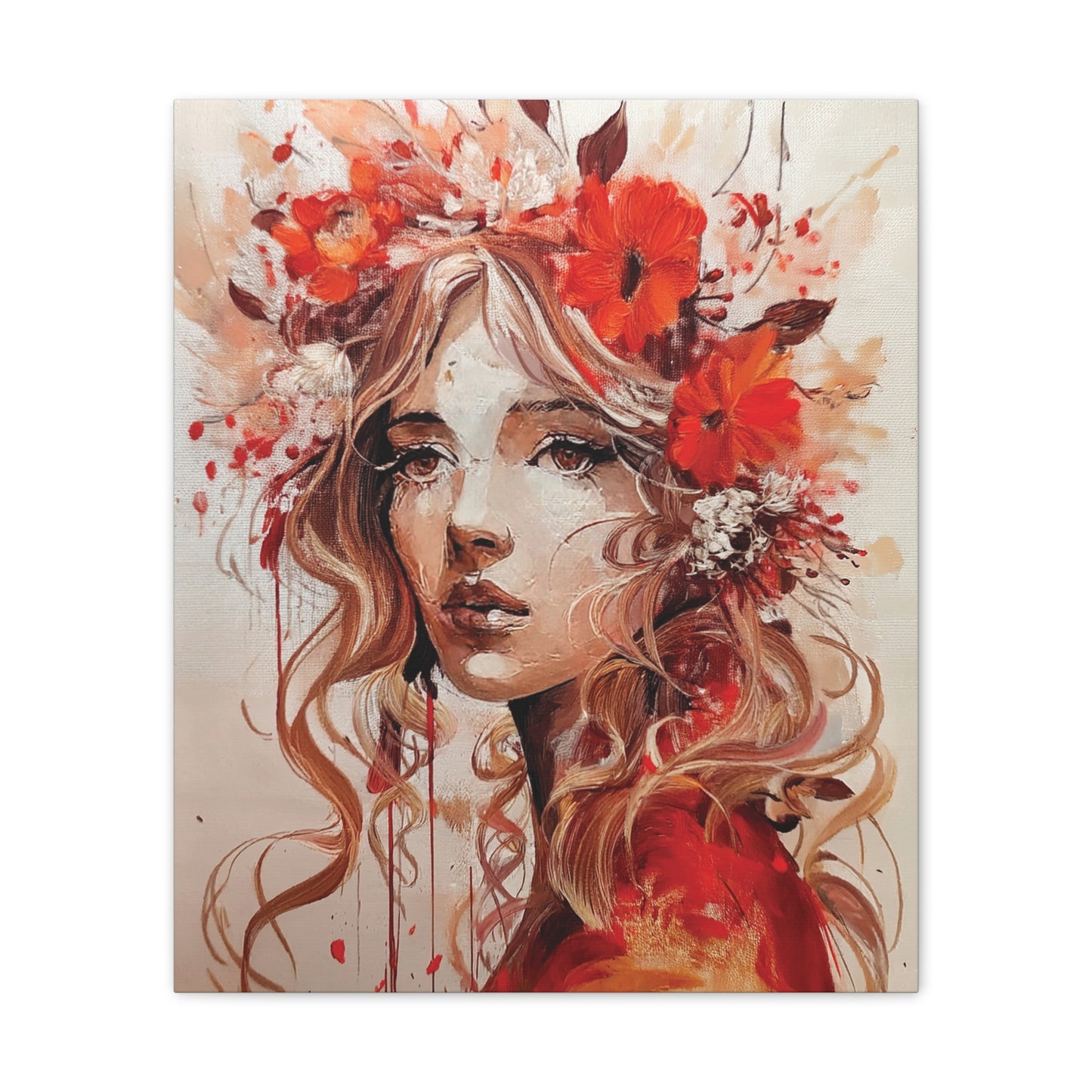 Stretched Canvas Art Print - Floral Portrait, Home Decor, Gift, Wall Art, Boho Style, Art for Living Room, Unique Gift Idea