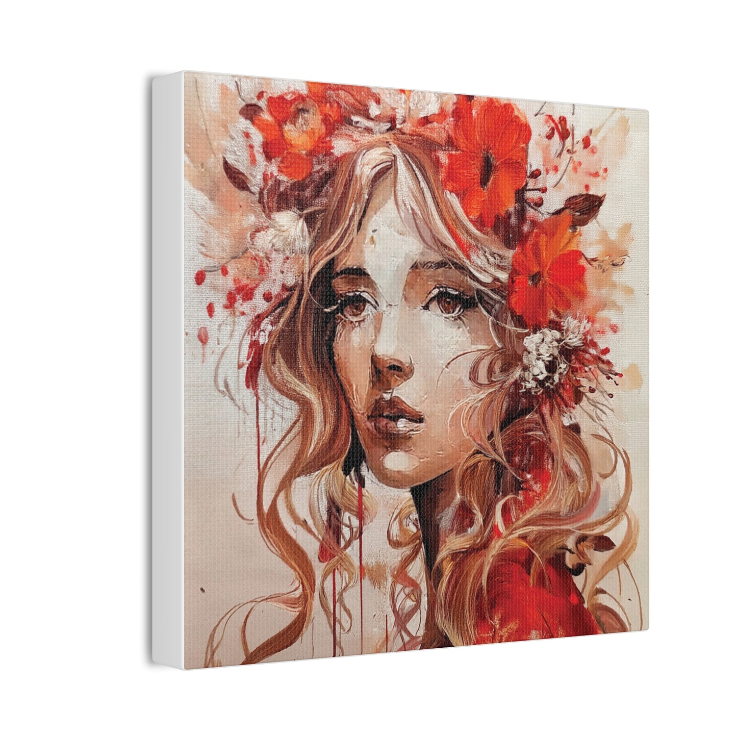 Stretched Canvas Art Print - Floral Portrait, Home Decor, Gift, Wall Art, Boho Style, Art for Living Room, Unique Gift Idea