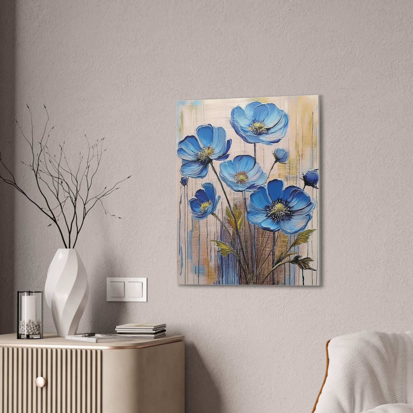 Blue Floral Canvas Wall Art, Modern Home Decor, Living Room Decoration, Gifts for Her, Birthday Present, Flower Print