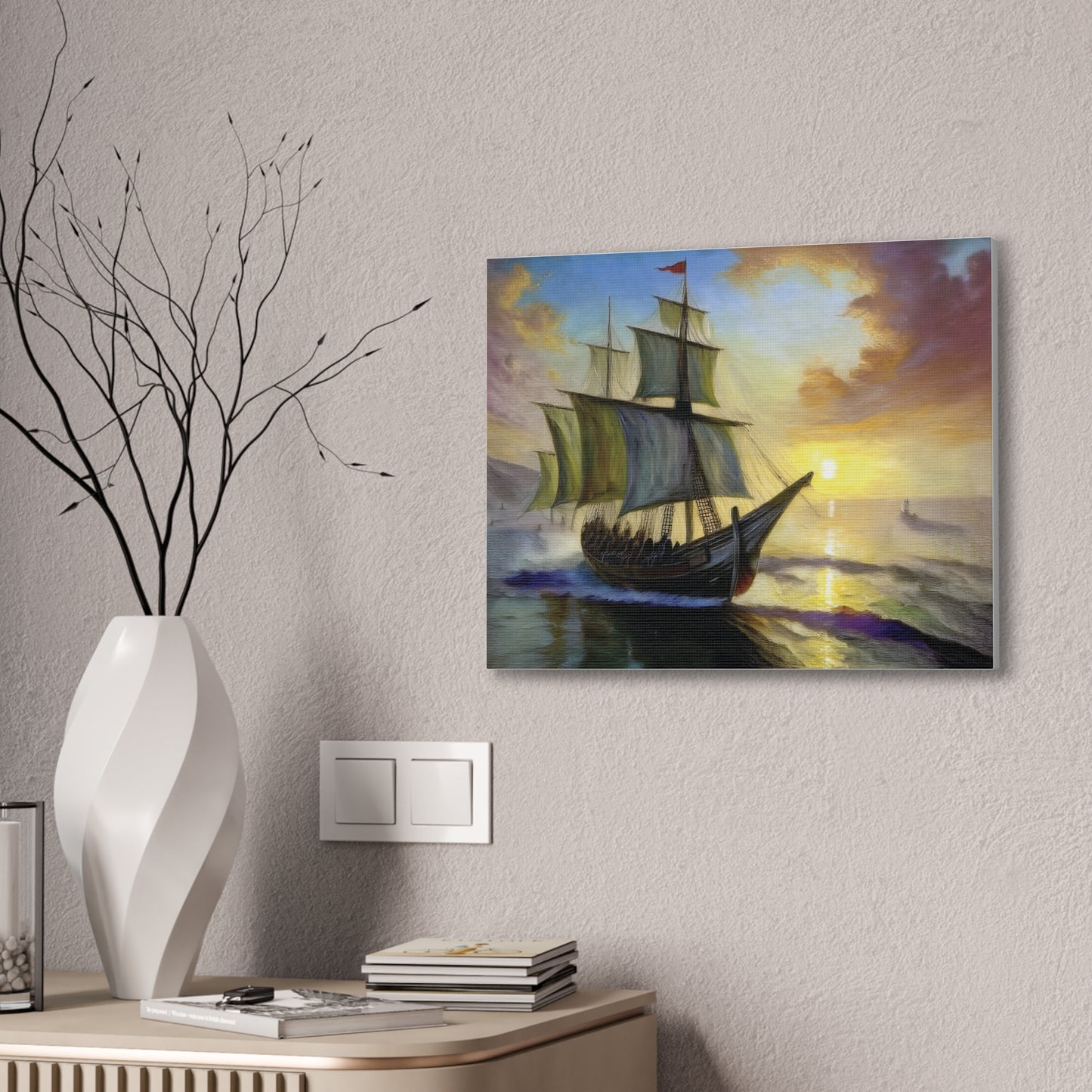 Canvas Wall Art - Sailing Ship Sunset, Nautical Decor, Seascape Painting, Maritime Gift, Home Wall Decor