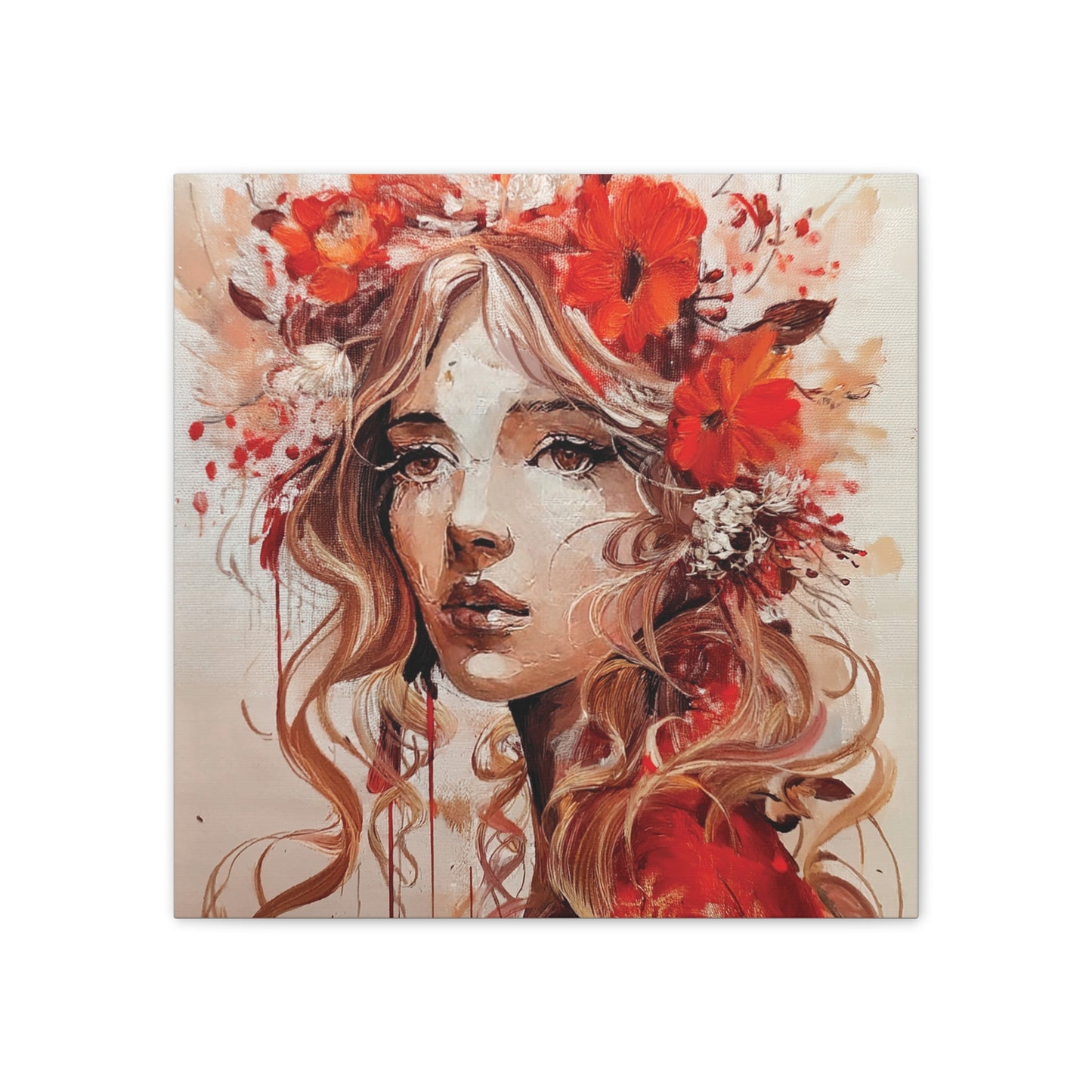 Stretched Canvas Art Print - Floral Portrait, Home Decor, Gift, Wall Art, Boho Style, Art for Living Room, Unique Gift Idea