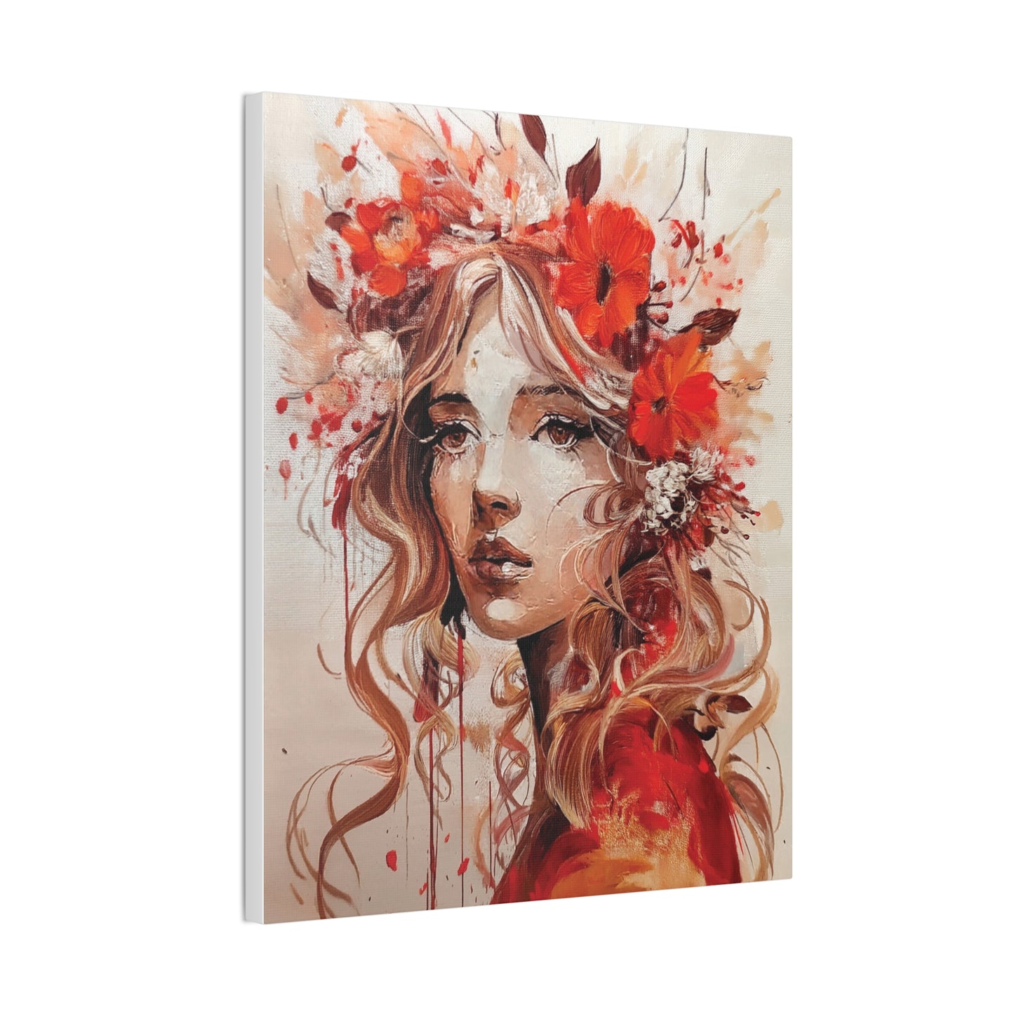 Stretched Canvas Art Print - Floral Portrait, Home Decor, Gift, Wall Art, Boho Style, Art for Living Room, Unique Gift Idea