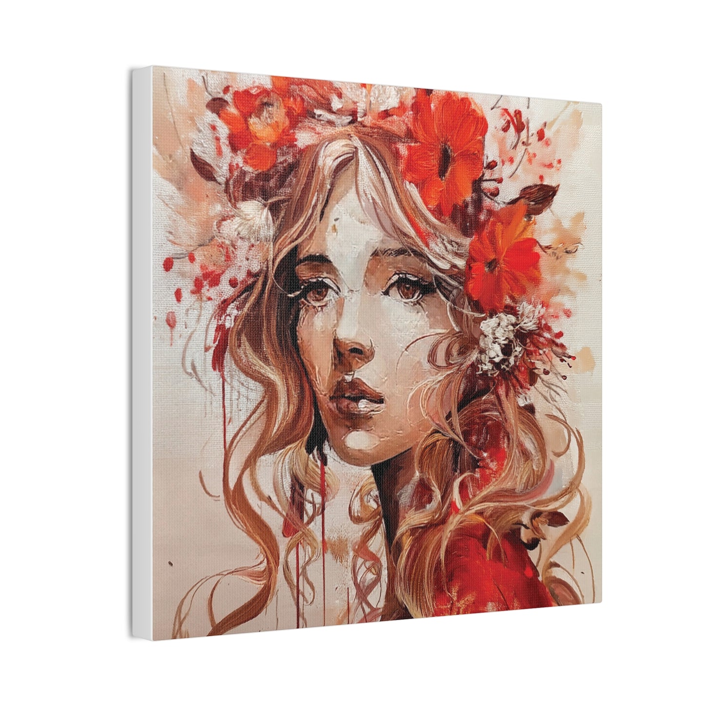 Stretched Canvas Art Print - Floral Portrait, Home Decor, Gift, Wall Art, Boho Style, Art for Living Room, Unique Gift Idea
