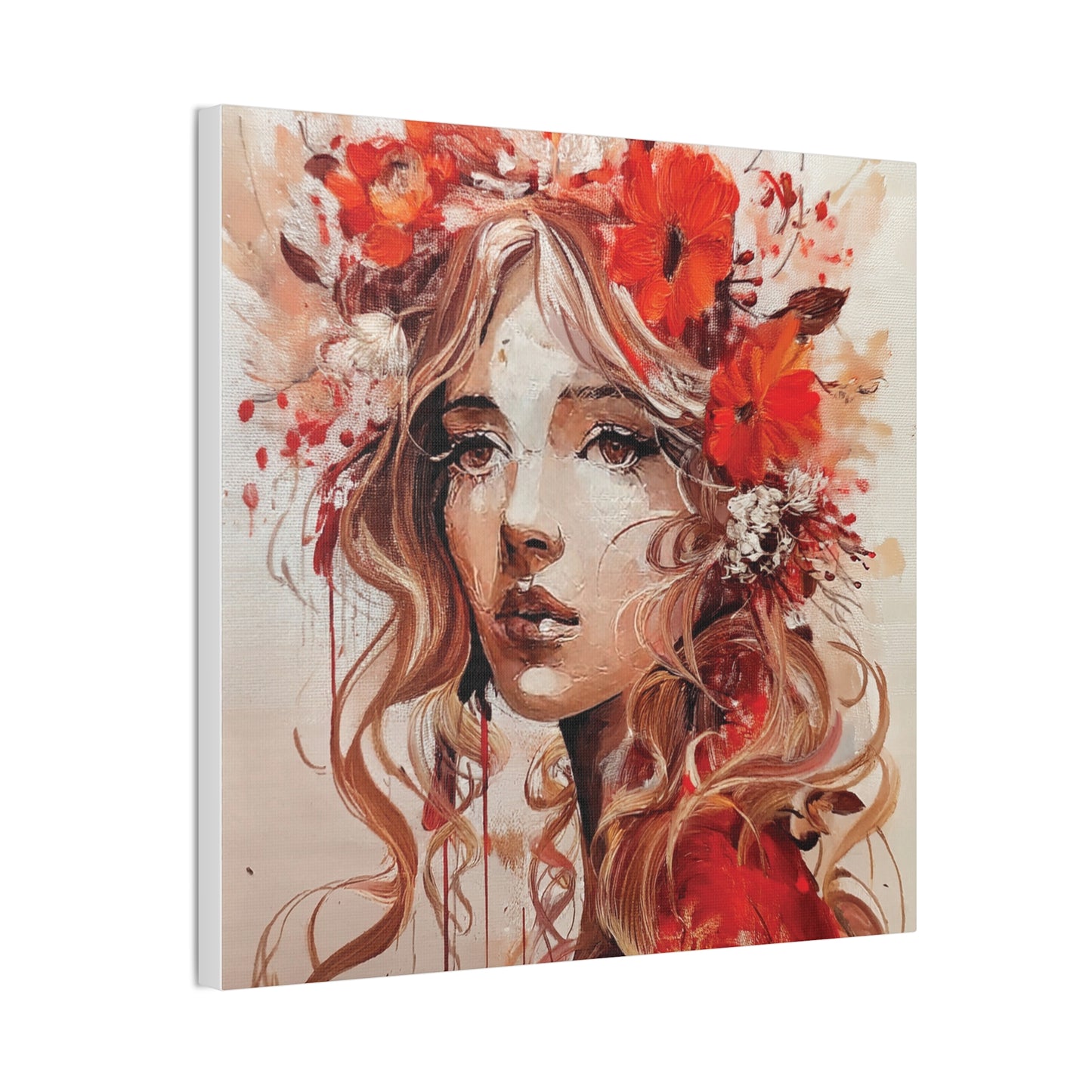 Stretched Canvas Art Print - Floral Portrait, Home Decor, Gift, Wall Art, Boho Style, Art for Living Room, Unique Gift Idea