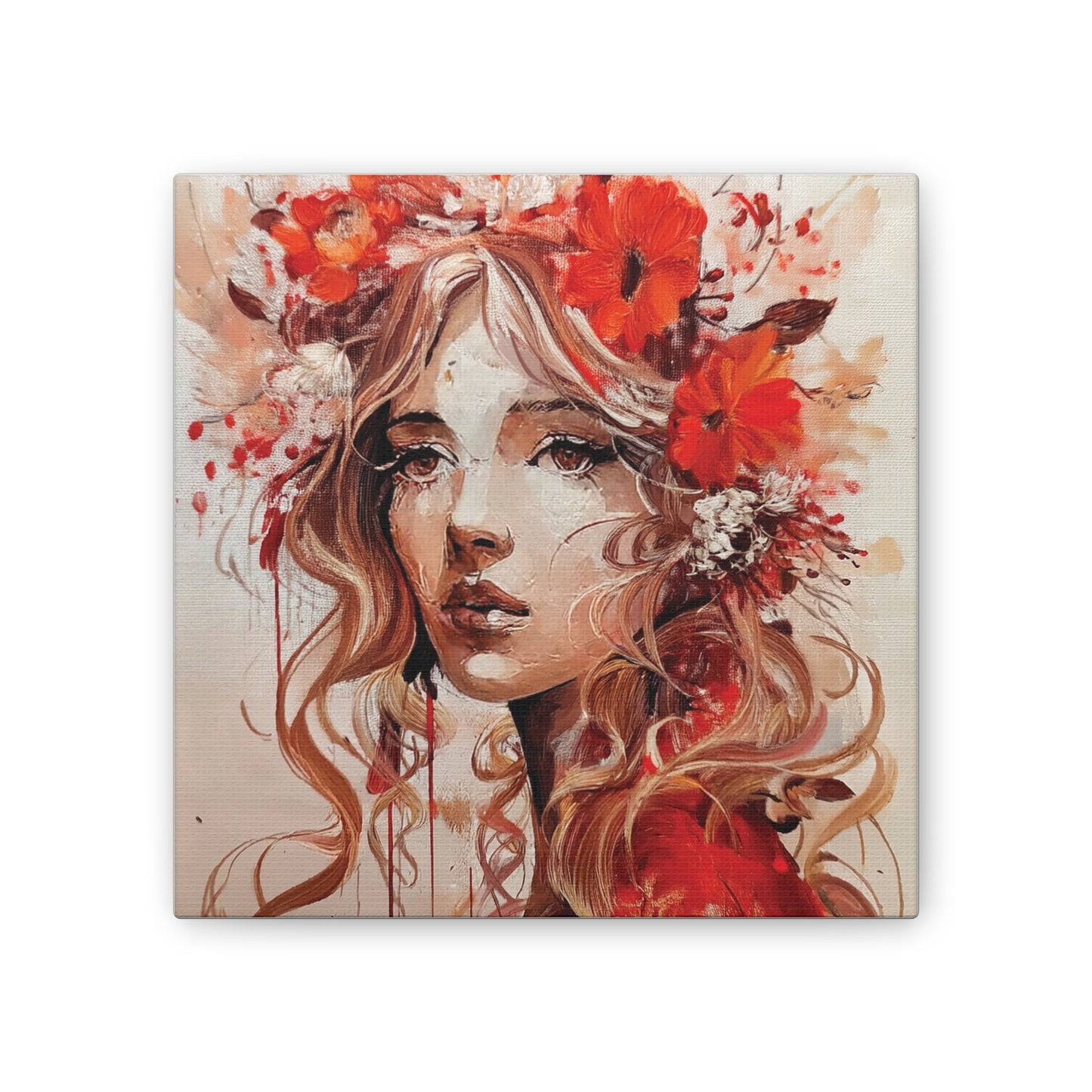 Stretched Canvas Art Print - Floral Portrait, Home Decor, Gift, Wall Art, Boho Style, Art for Living Room, Unique Gift Idea