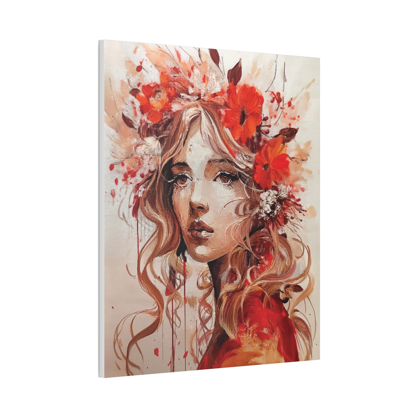 Stretched Canvas Art Print - Floral Portrait, Home Decor, Gift, Wall Art, Boho Style, Art for Living Room, Unique Gift Idea
