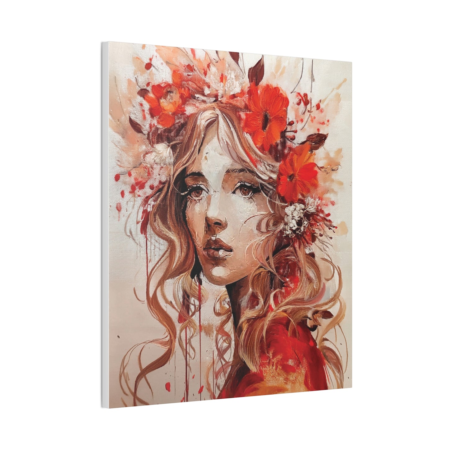 Stretched Canvas Art Print - Floral Portrait, Home Decor, Gift, Wall Art, Boho Style, Art for Living Room, Unique Gift Idea