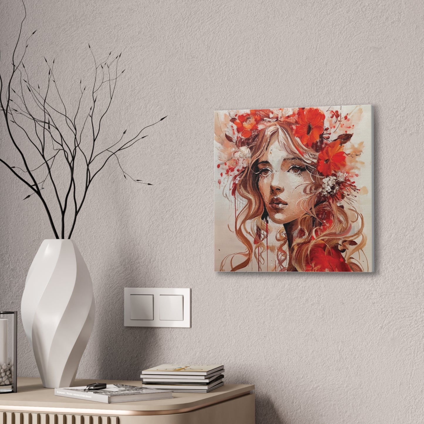 Stretched Canvas Art Print - Floral Portrait, Home Decor, Gift, Wall Art, Boho Style, Art for Living Room, Unique Gift Idea