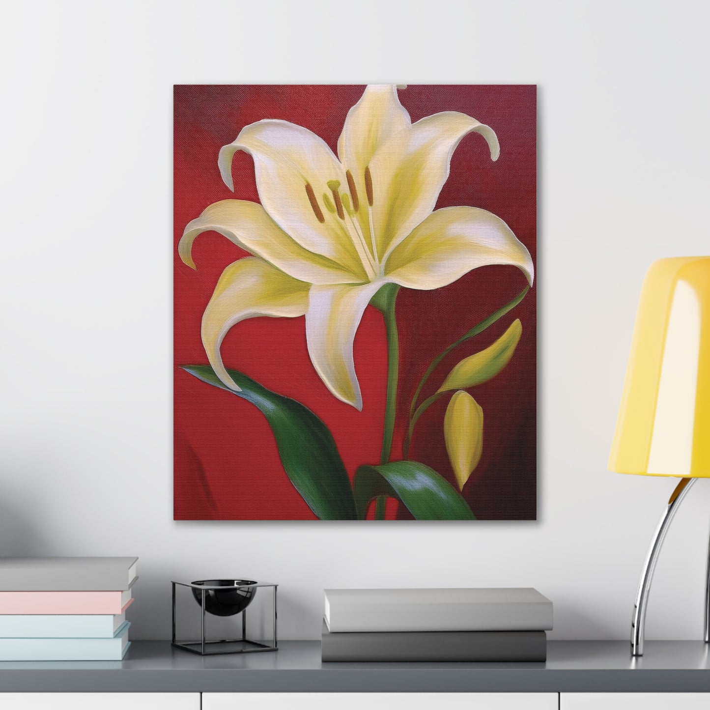 Floral Wall Art, Canvas Stretched, Elegant Home Decor, Gift for Flower Lovers, Art for Living Room, Bright Yellow Lily Painting