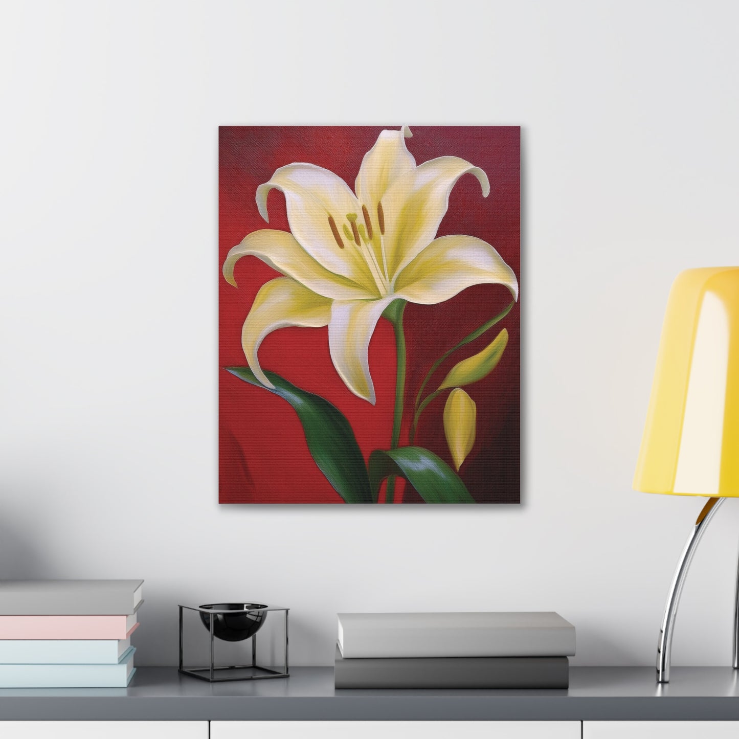 Floral Wall Art, Canvas Stretched, Elegant Home Decor, Gift for Flower Lovers, Art for Living Room, Bright Yellow Lily Painting