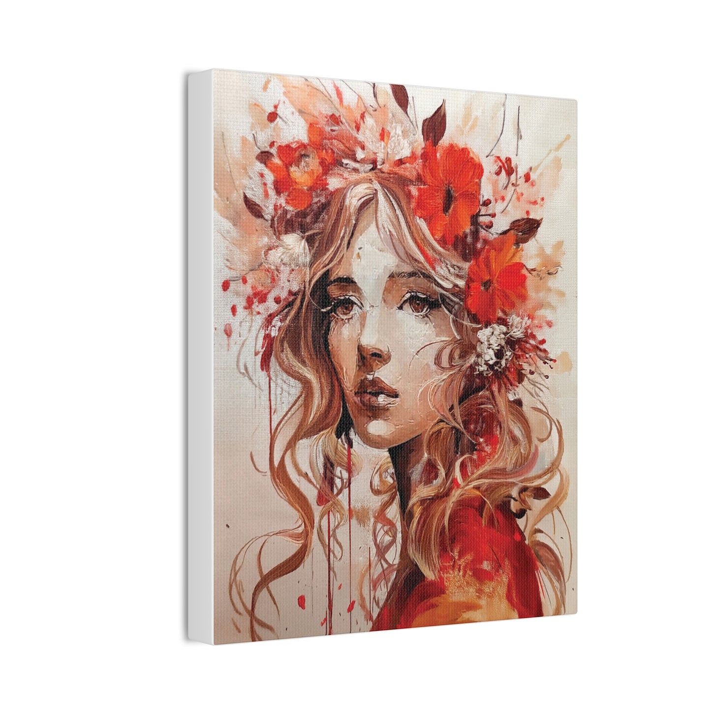 Stretched Canvas Art Print - Floral Portrait, Home Decor, Gift, Wall Art, Boho Style, Art for Living Room, Unique Gift Idea