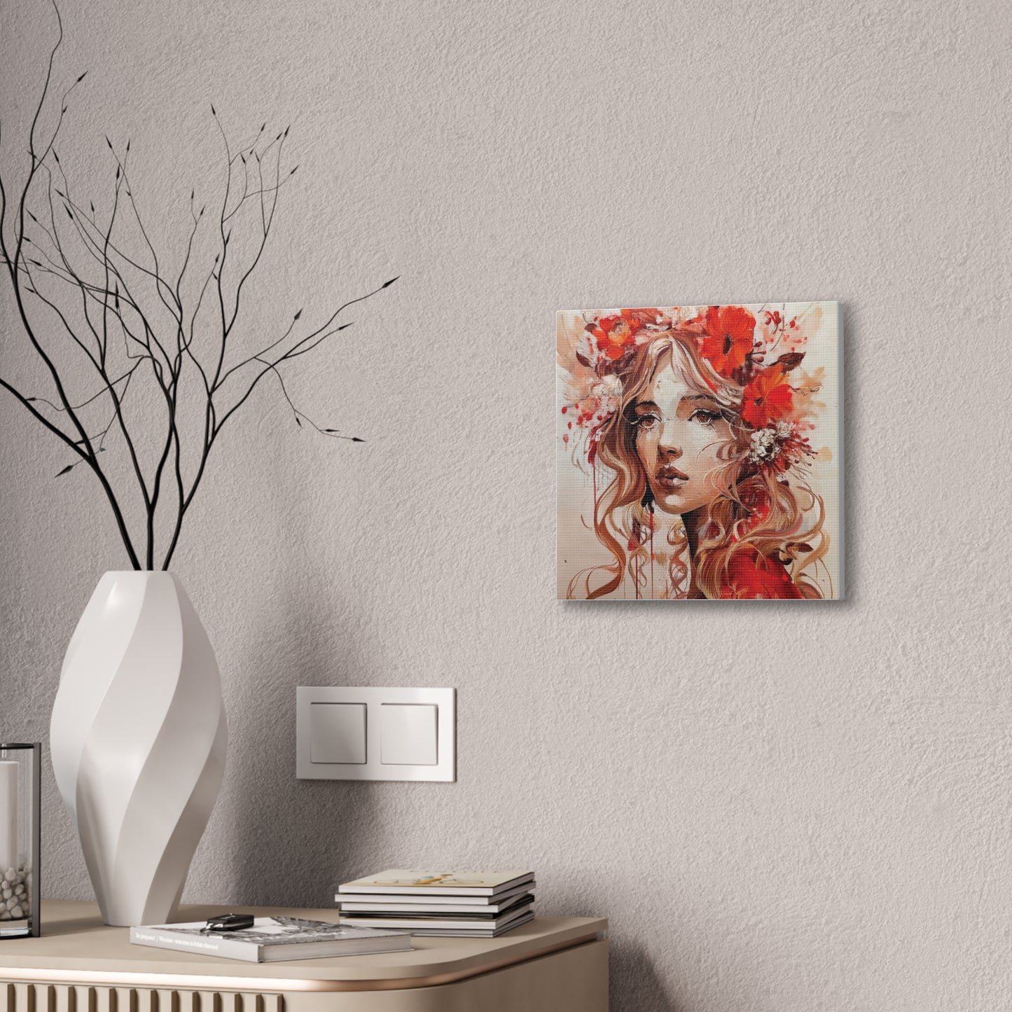 Stretched Canvas Art Print - Floral Portrait, Home Decor, Gift, Wall Art, Boho Style, Art for Living Room, Unique Gift Idea