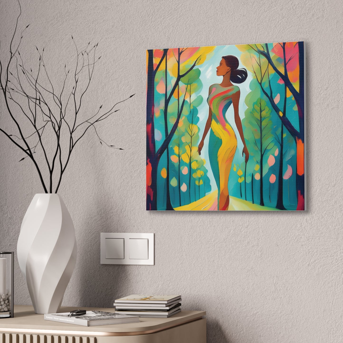 Vibrant Canvas Art, Colorful Wall Decor, Forest Woman Painting, Modern Home Art, Gift for Nature Lovers, Unique Wall Hanging