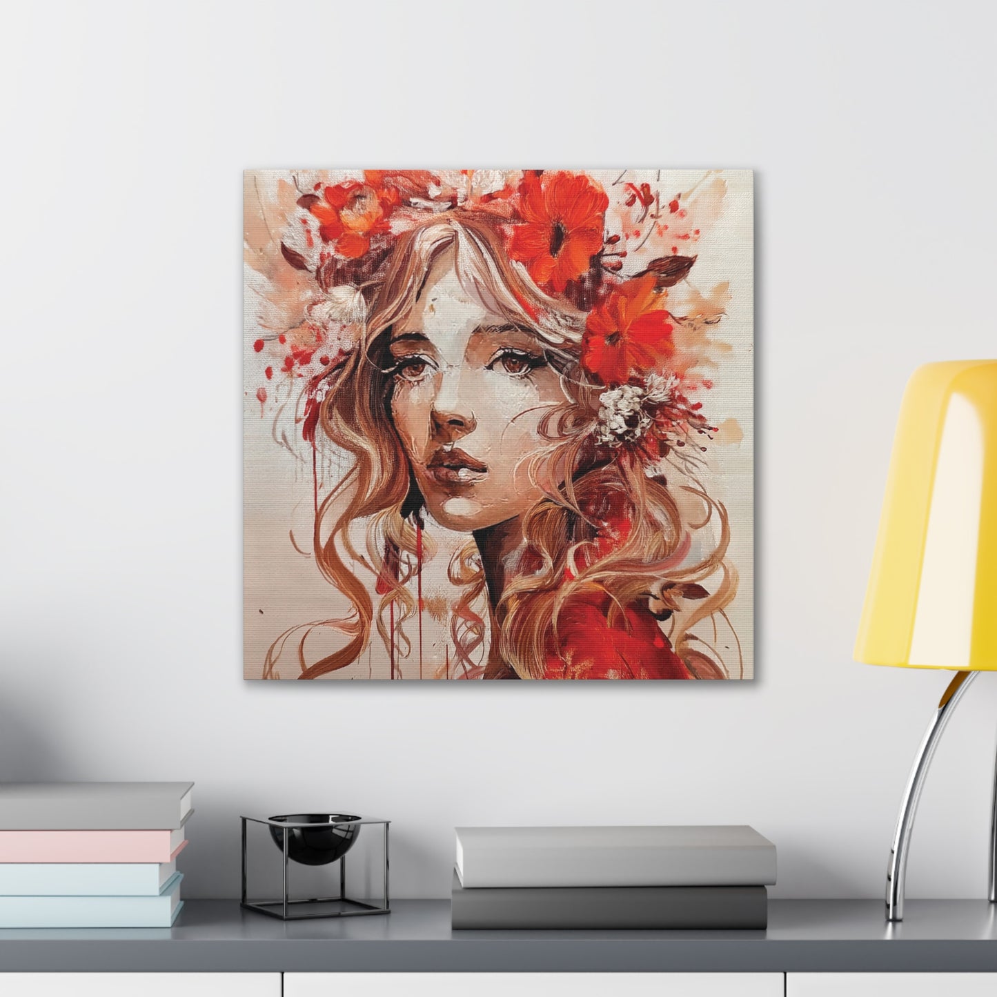 Stretched Canvas Art Print - Floral Portrait, Home Decor, Gift, Wall Art, Boho Style, Art for Living Room, Unique Gift Idea
