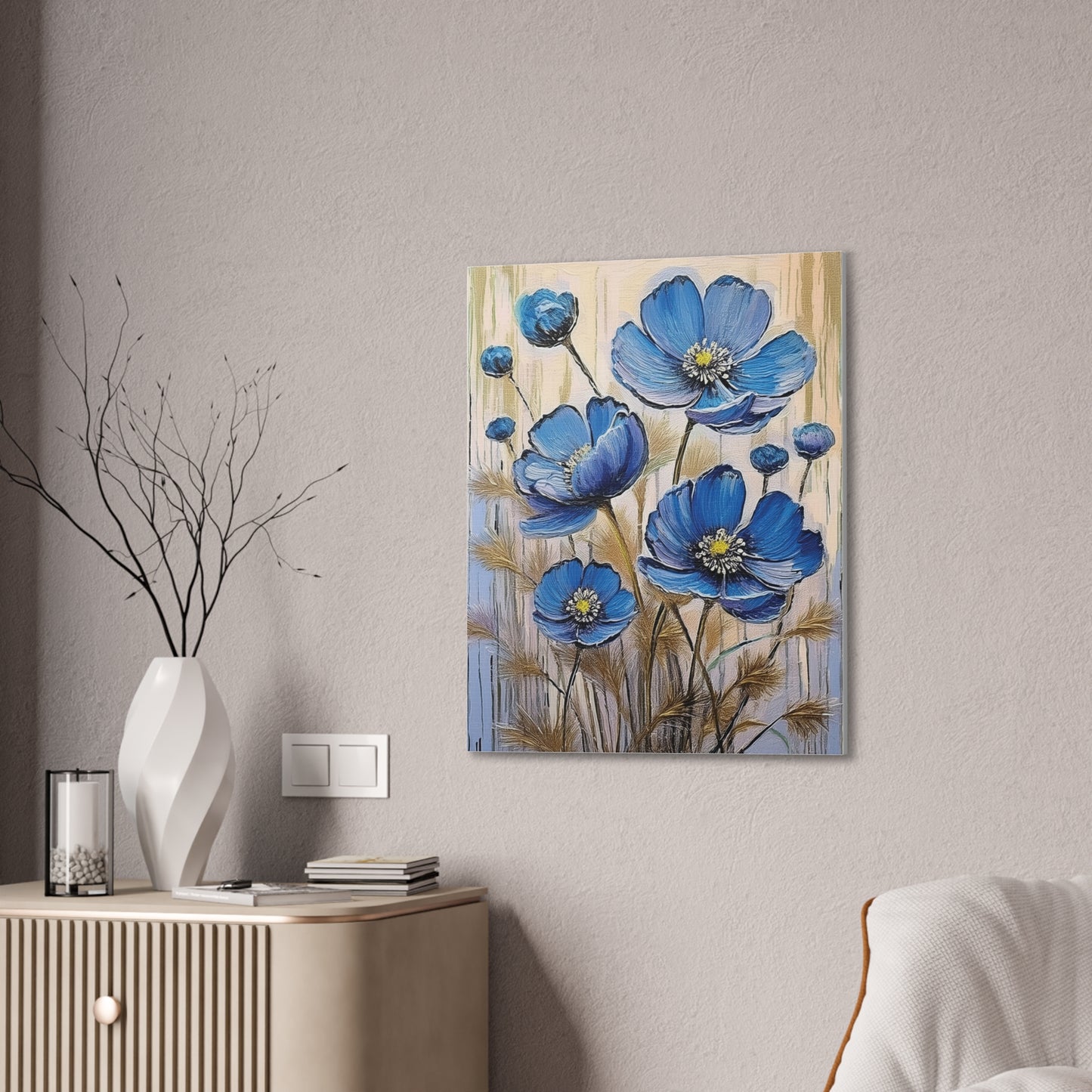 Floral Canvas Art Print, Blue Flower Wall Decor, Botanical Home Decor, Gift for Her, Living Room Artwork