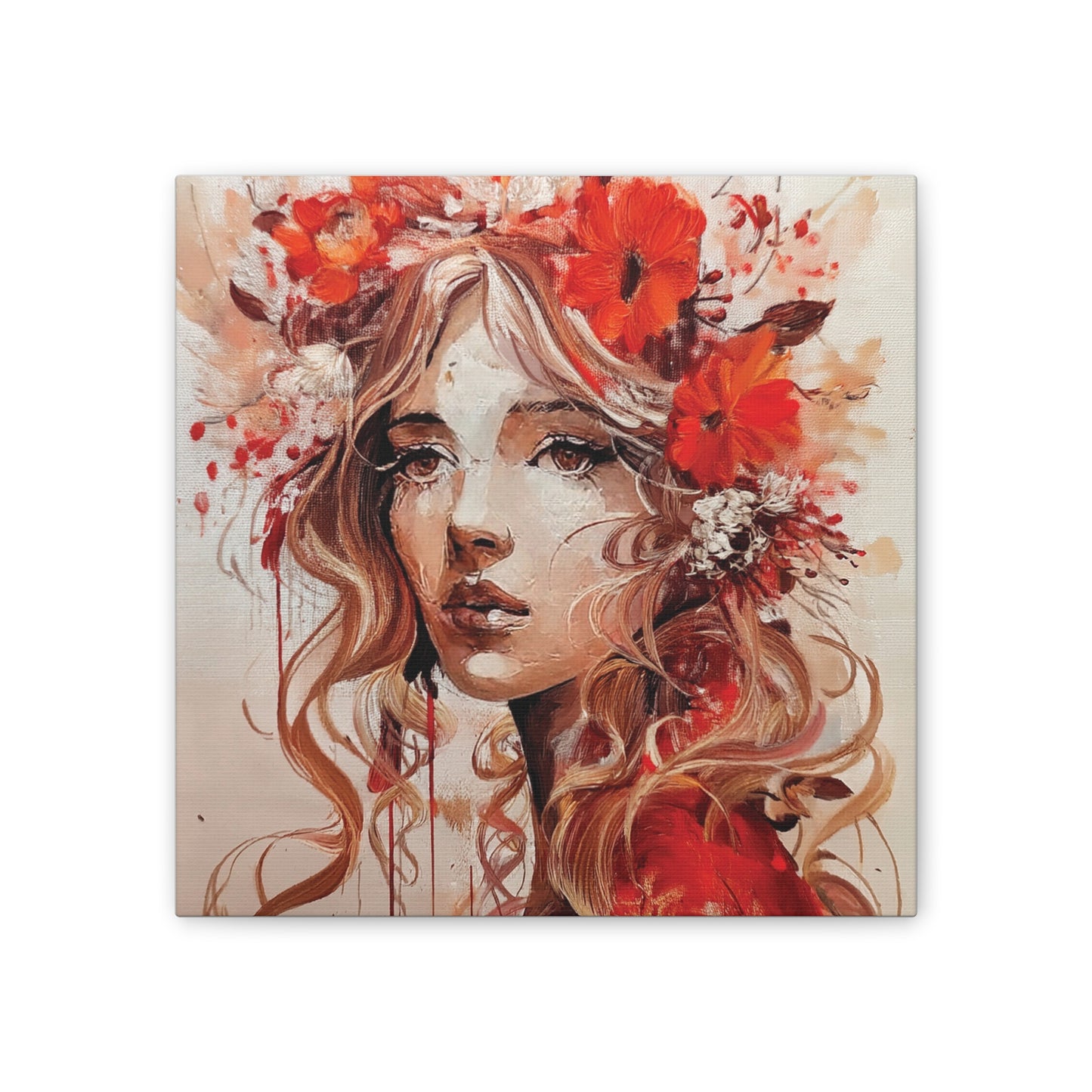 Stretched Canvas Art Print - Floral Portrait, Home Decor, Gift, Wall Art, Boho Style, Art for Living Room, Unique Gift Idea