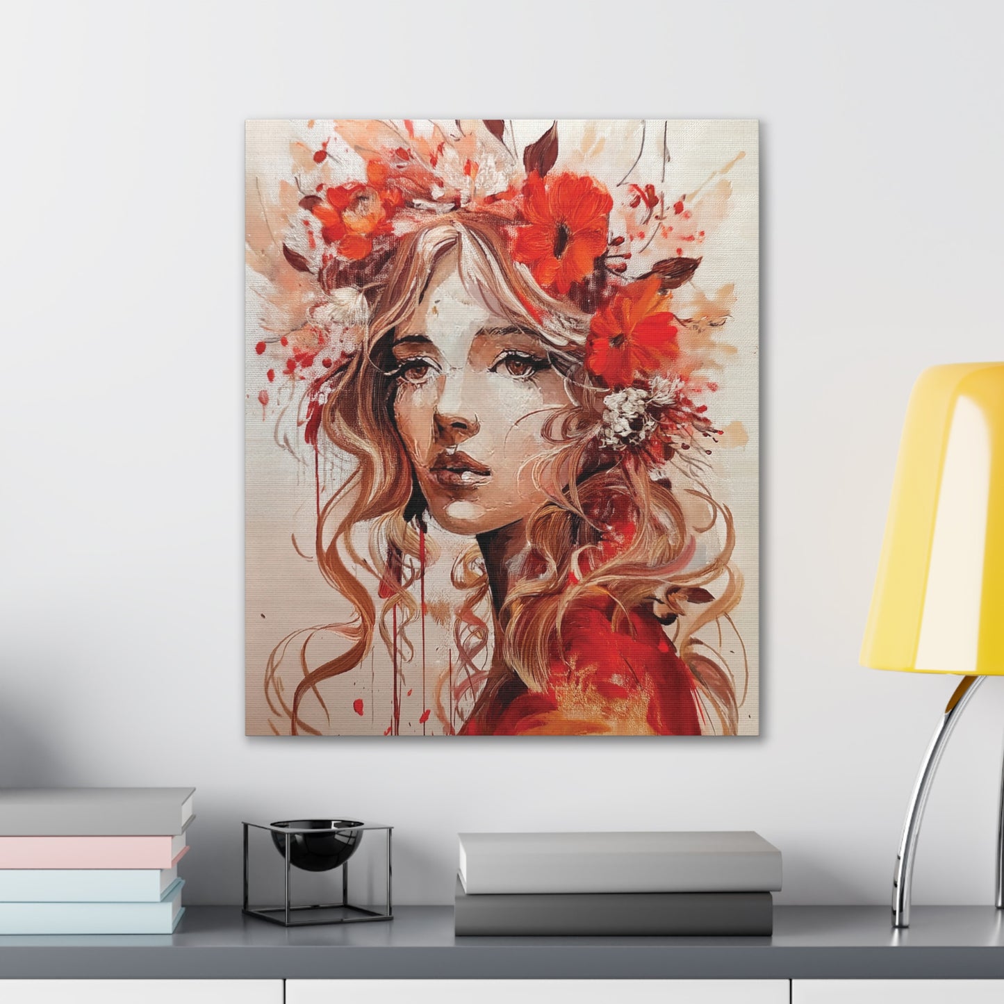 Stretched Canvas Art Print - Floral Portrait, Home Decor, Gift, Wall Art, Boho Style, Art for Living Room, Unique Gift Idea