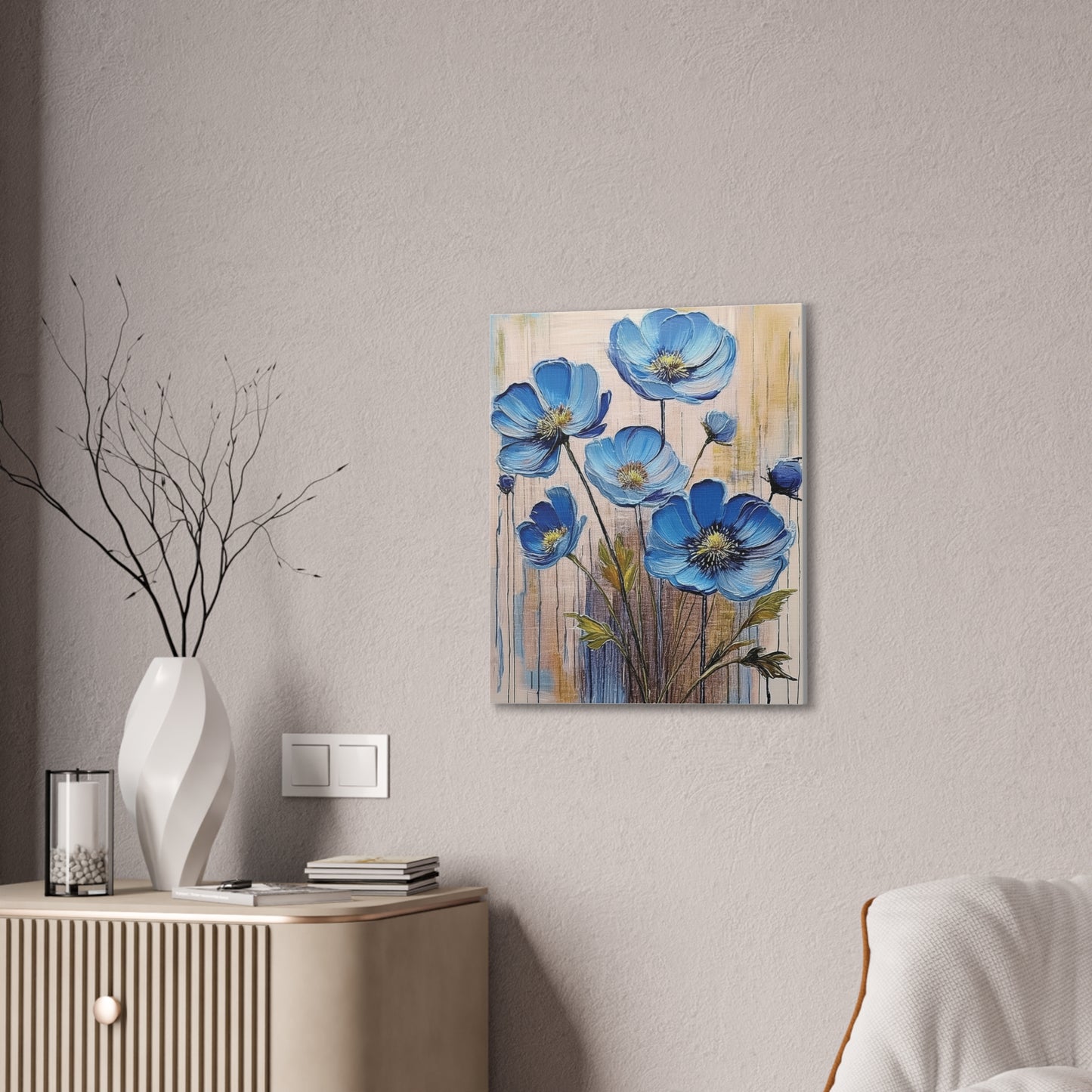 Blue Floral Canvas Wall Art, Modern Home Decor, Living Room Decoration, Gifts for Her, Birthday Present, Flower Print