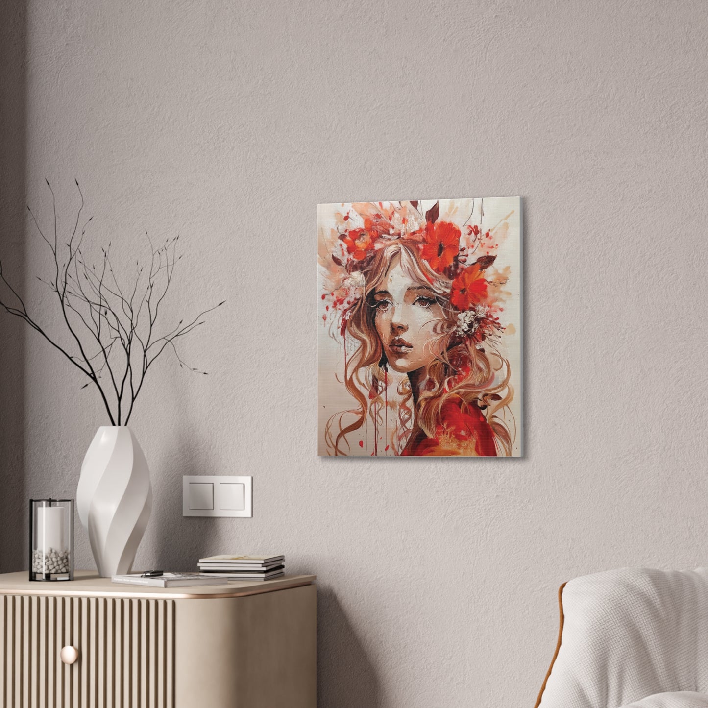 Stretched Canvas Art Print - Floral Portrait, Home Decor, Gift, Wall Art, Boho Style, Art for Living Room, Unique Gift Idea