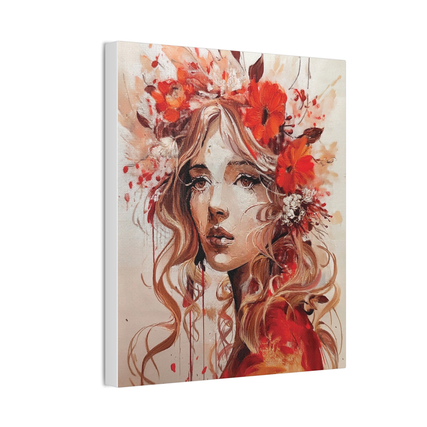 Stretched Canvas Art Print - Floral Portrait, Home Decor, Gift, Wall Art, Boho Style, Art for Living Room, Unique Gift Idea