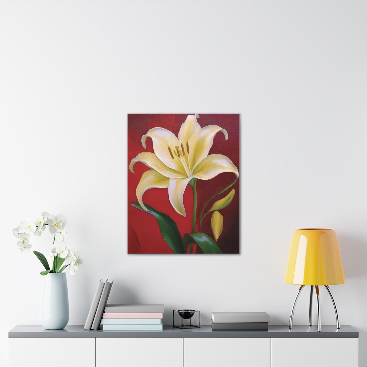 Floral Wall Art, Canvas Stretched, Elegant Home Decor, Gift for Flower Lovers, Art for Living Room, Bright Yellow Lily Painting