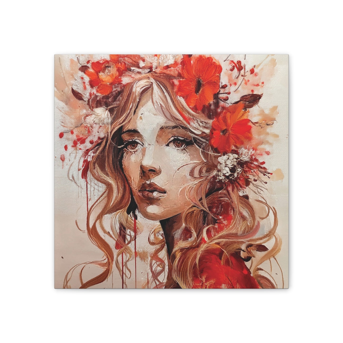 Stretched Canvas Art Print - Floral Portrait, Home Decor, Gift, Wall Art, Boho Style, Art for Living Room, Unique Gift Idea