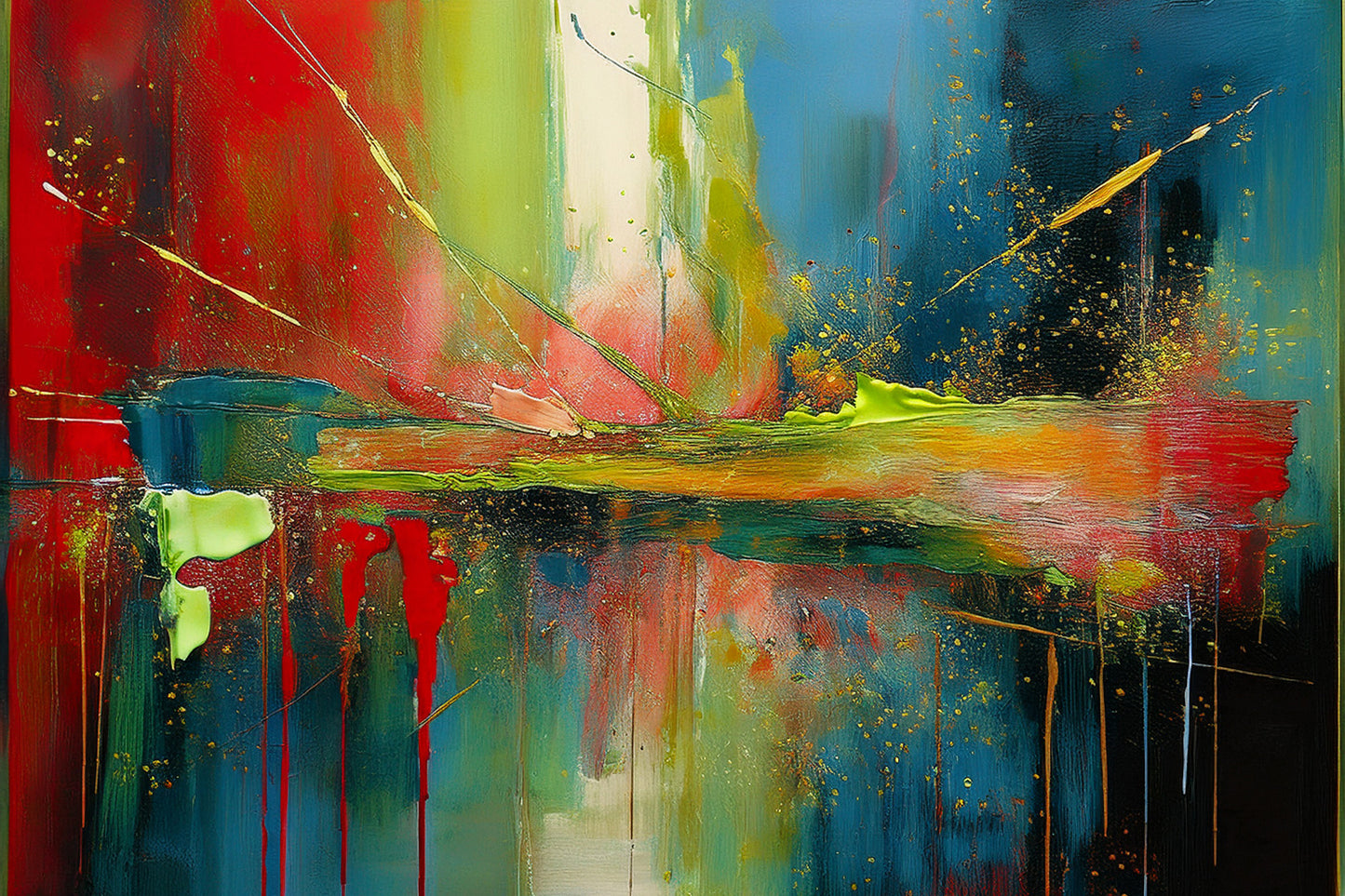 "City Lights, Abstract Dreams: Veridian Hues and Crimson Flames"