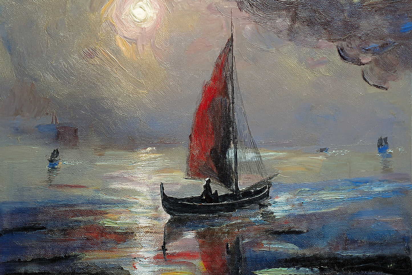 "Whispers of the Tide: Crimson Sail at Dawn"