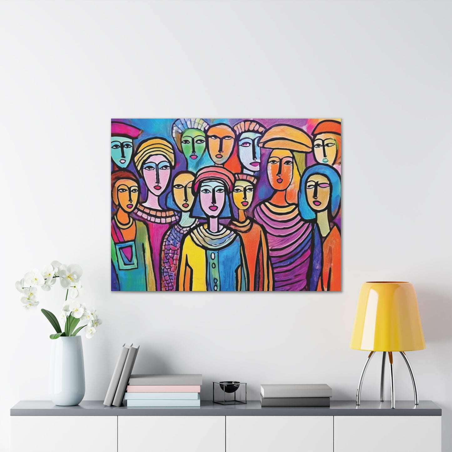 Colorful Stretched Canvas Art, Vibrant Wall Decor, Group of People Painting, Modern Home Gallery, Unique Gift for Art Lovers
