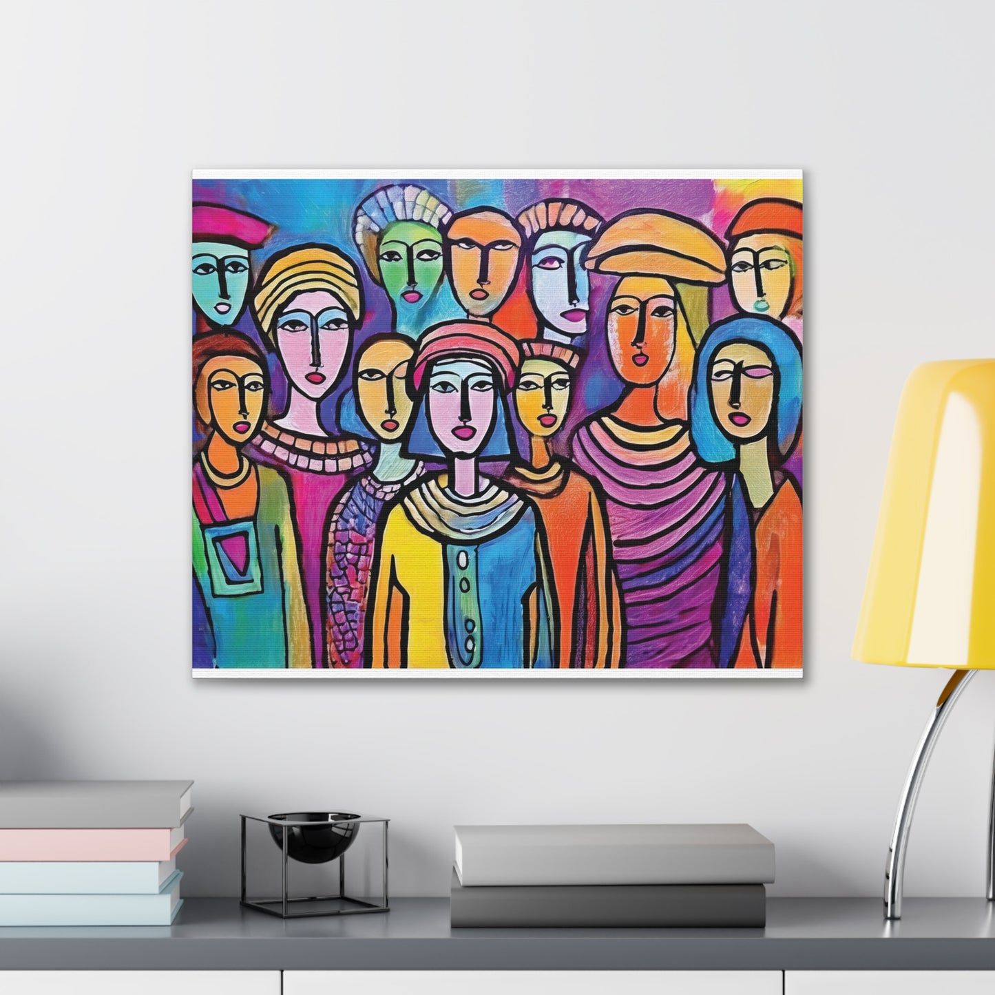 Colorful Stretched Canvas Art, Vibrant Wall Decor, Group of People Painting, Modern Home Gallery, Unique Gift for Art Lovers