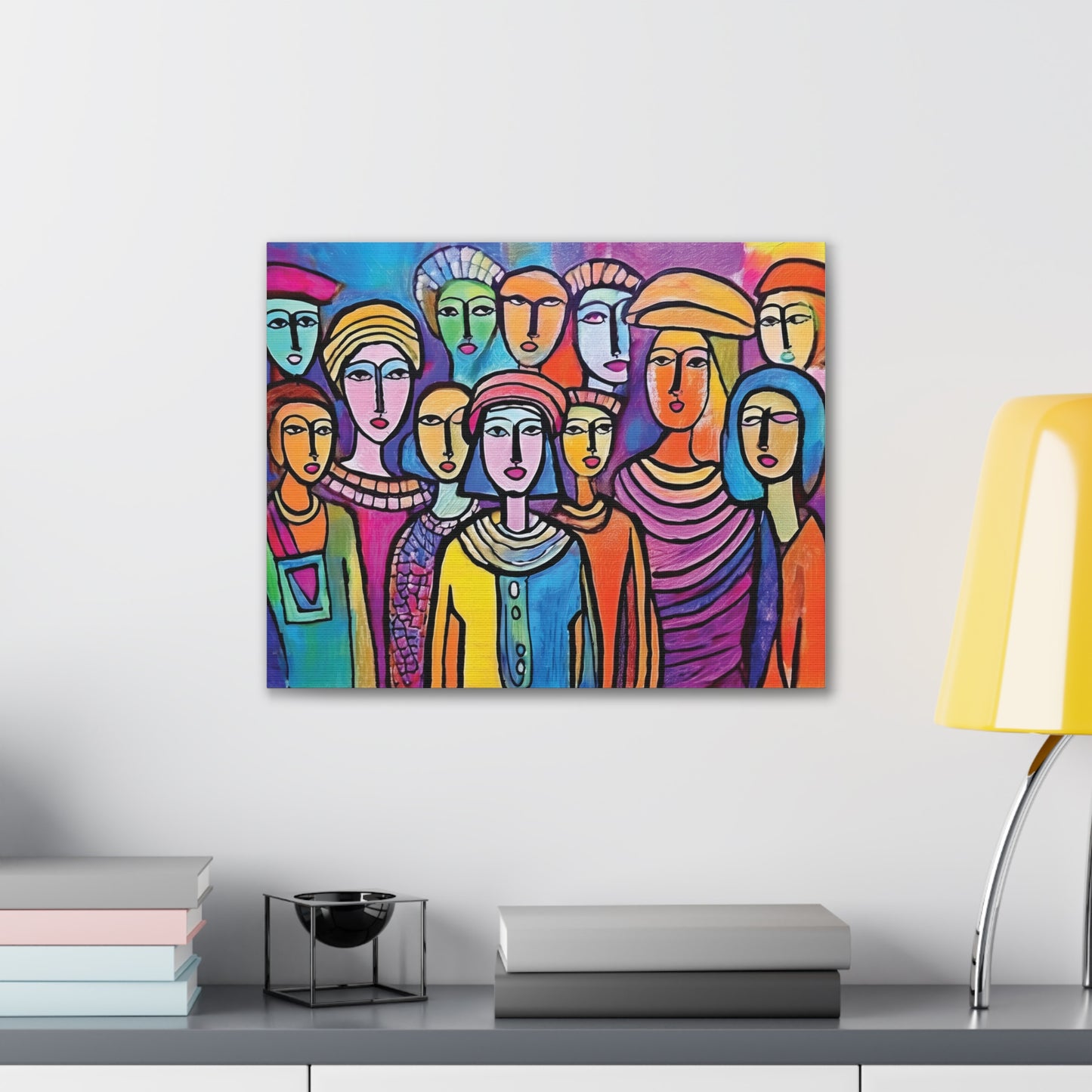 Colorful Stretched Canvas Art, Vibrant Wall Decor, Group of People Painting, Modern Home Gallery, Unique Gift for Art Lovers