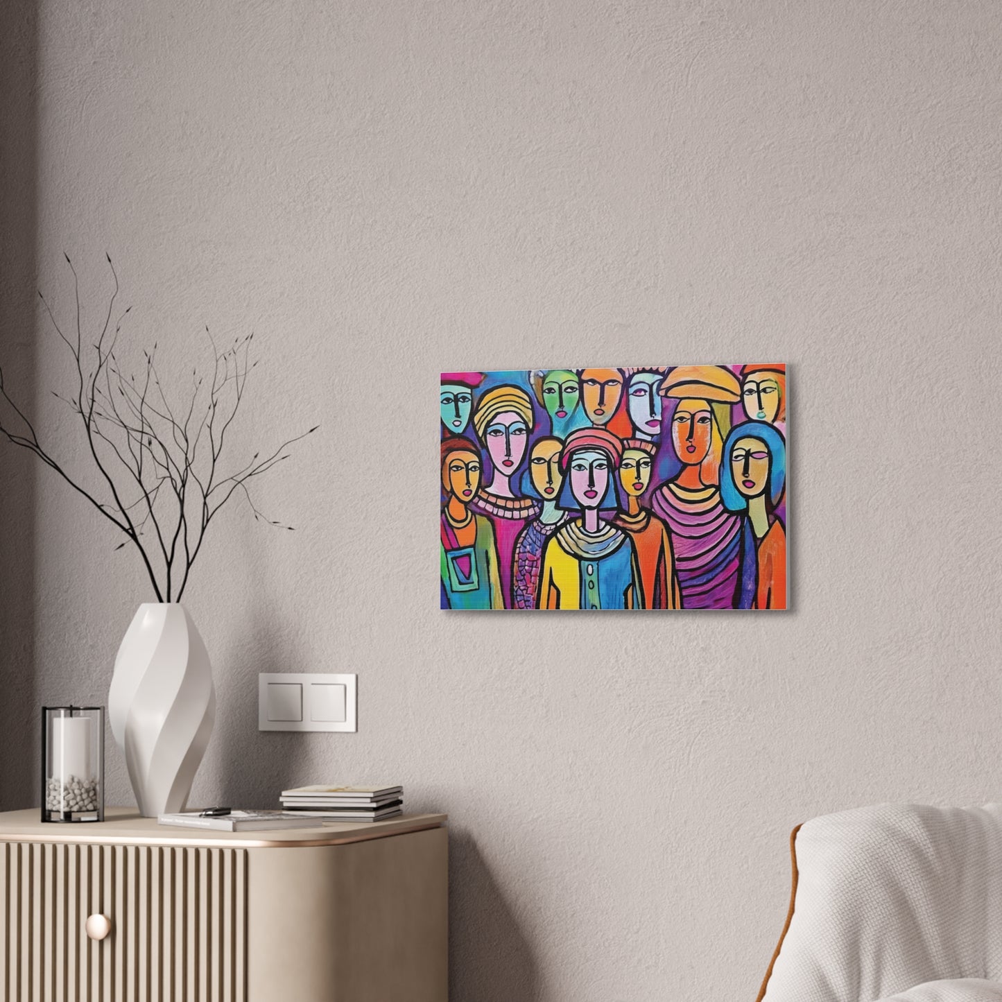 Colorful Stretched Canvas Art, Vibrant Wall Decor, Group of People Painting, Modern Home Gallery, Unique Gift for Art Lovers