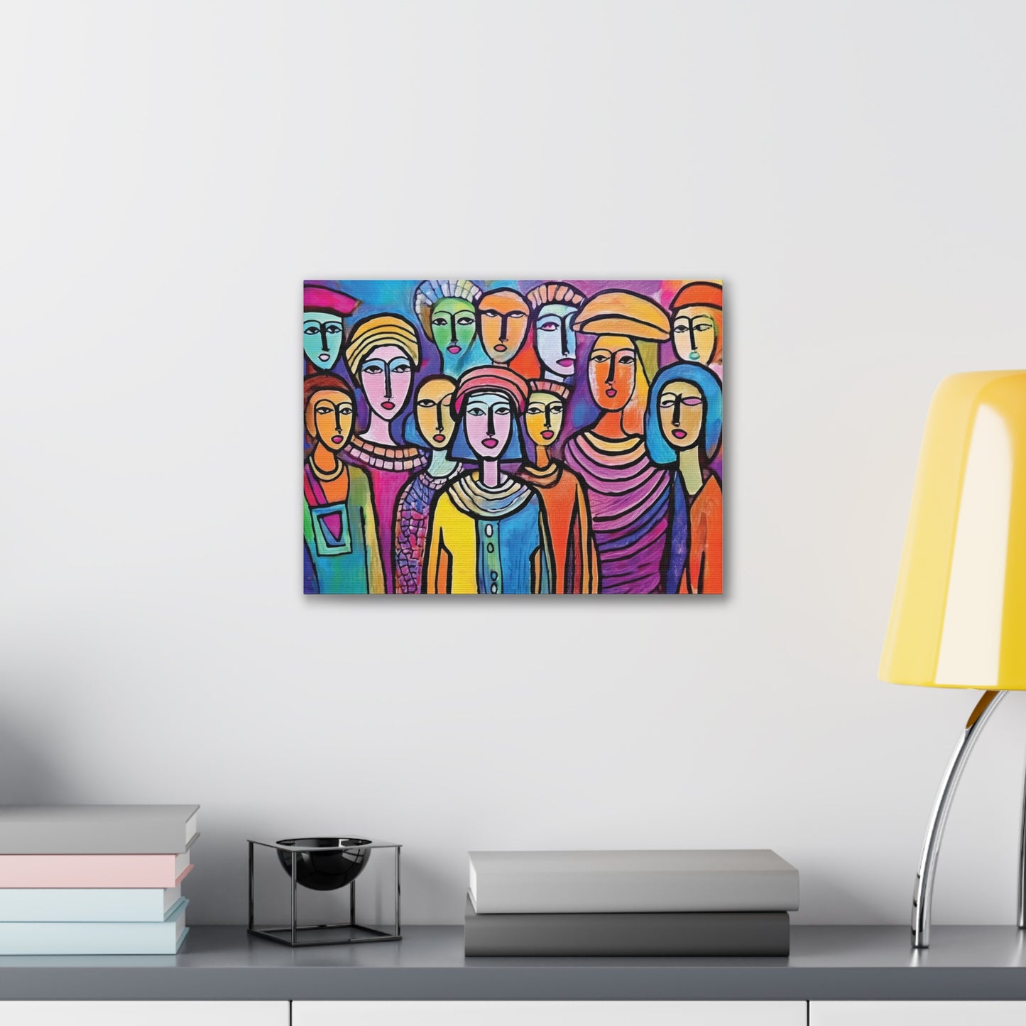 Colorful Stretched Canvas Art, Vibrant Wall Decor, Group of People Painting, Modern Home Gallery, Unique Gift for Art Lovers