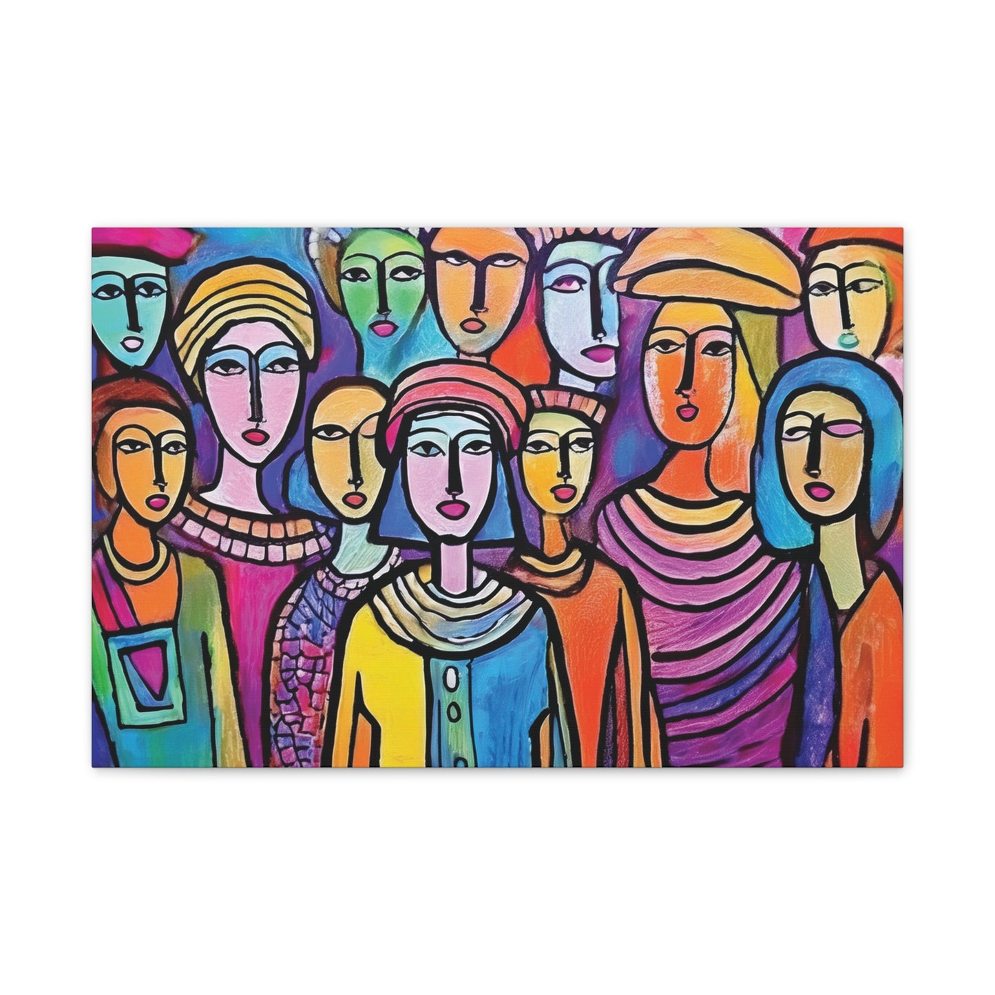 Colorful Stretched Canvas Art, Vibrant Wall Decor, Group of People Painting, Modern Home Gallery, Unique Gift for Art Lovers