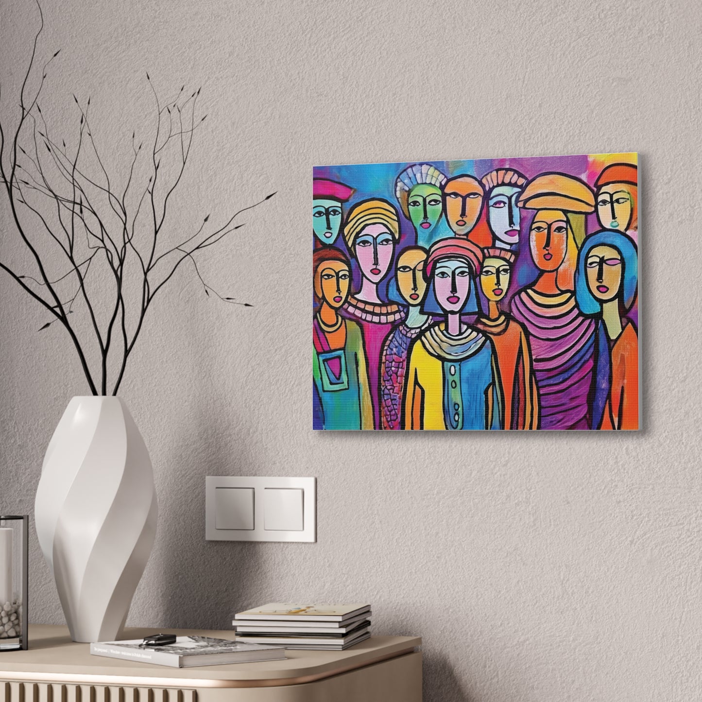 Colorful Stretched Canvas Art, Vibrant Wall Decor, Group of People Painting, Modern Home Gallery, Unique Gift for Art Lovers