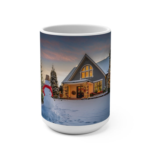 15oz Christmas Snowy Cottage Mug — Cozy Holiday Winter Scene Coffee Cup