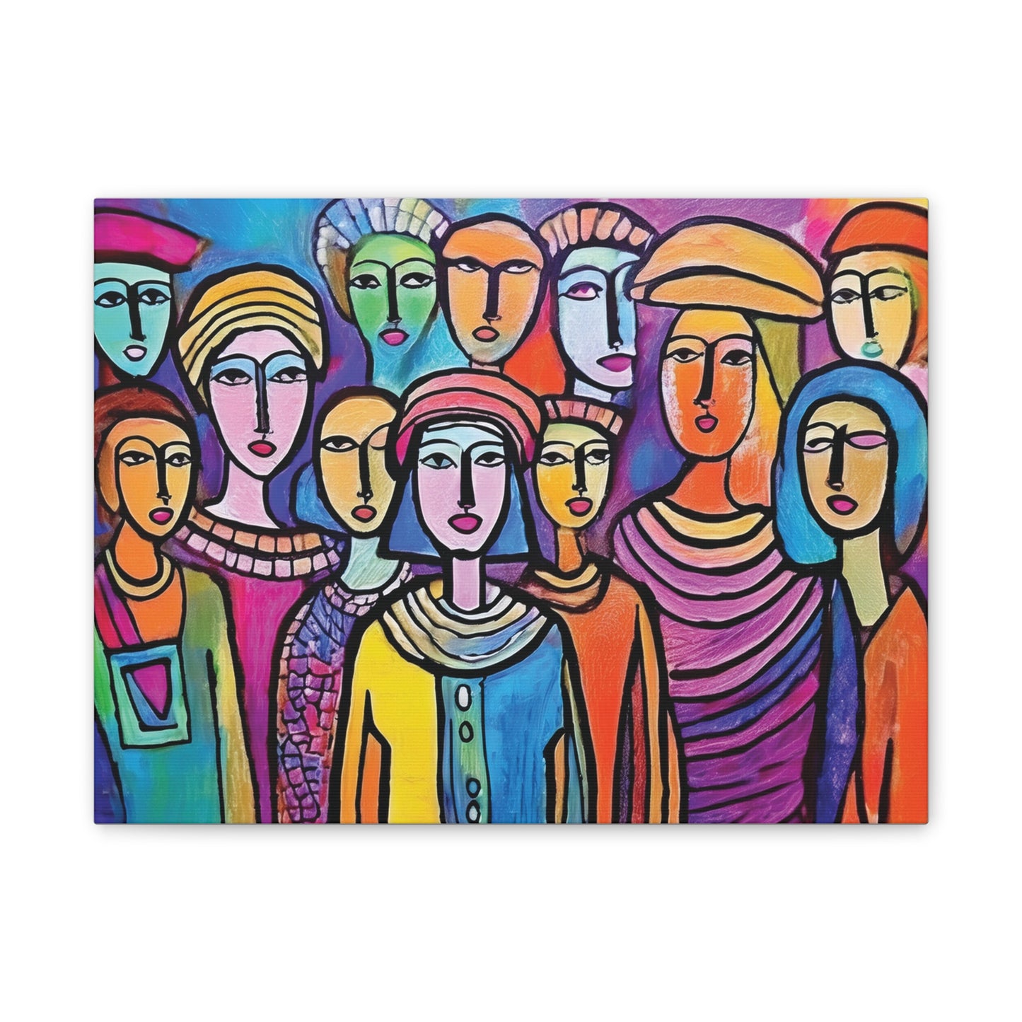 Colorful Stretched Canvas Art, Vibrant Wall Decor, Group of People Painting, Modern Home Gallery, Unique Gift for Art Lovers