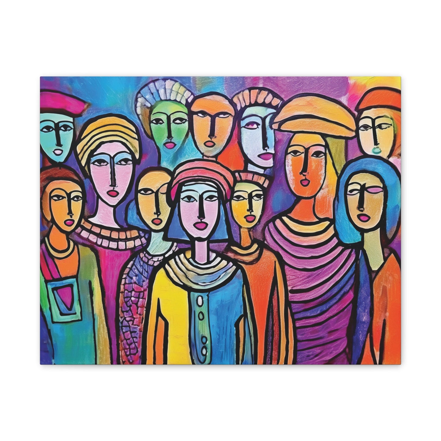 Colorful Stretched Canvas Art, Vibrant Wall Decor, Group of People Painting, Modern Home Gallery, Unique Gift for Art Lovers