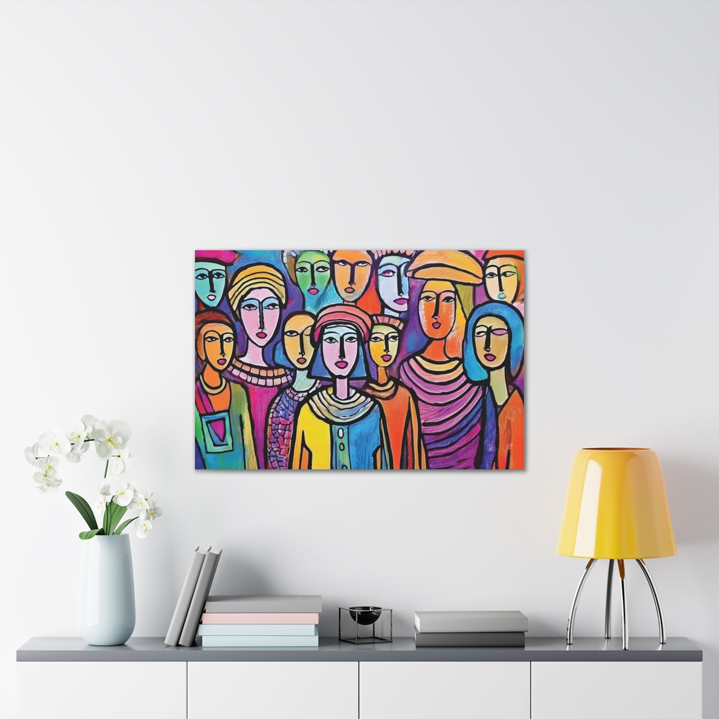 Colorful Stretched Canvas Art, Vibrant Wall Decor, Group of People Painting, Modern Home Gallery, Unique Gift for Art Lovers
