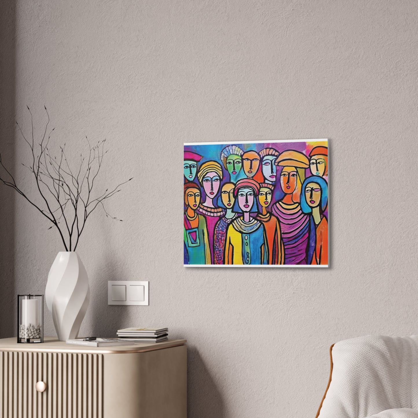 Colorful Stretched Canvas Art, Vibrant Wall Decor, Group of People Painting, Modern Home Gallery, Unique Gift for Art Lovers