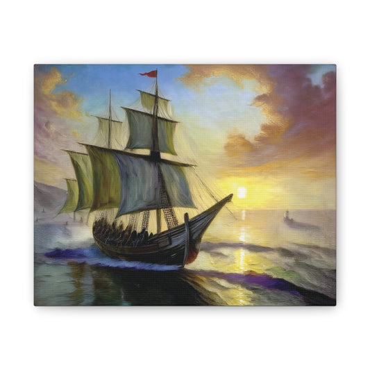 Canvas Wall Art - Sailing Ship Sunset, Nautical Decor, Seascape Painting, Maritime Gift, Home Wall Decor