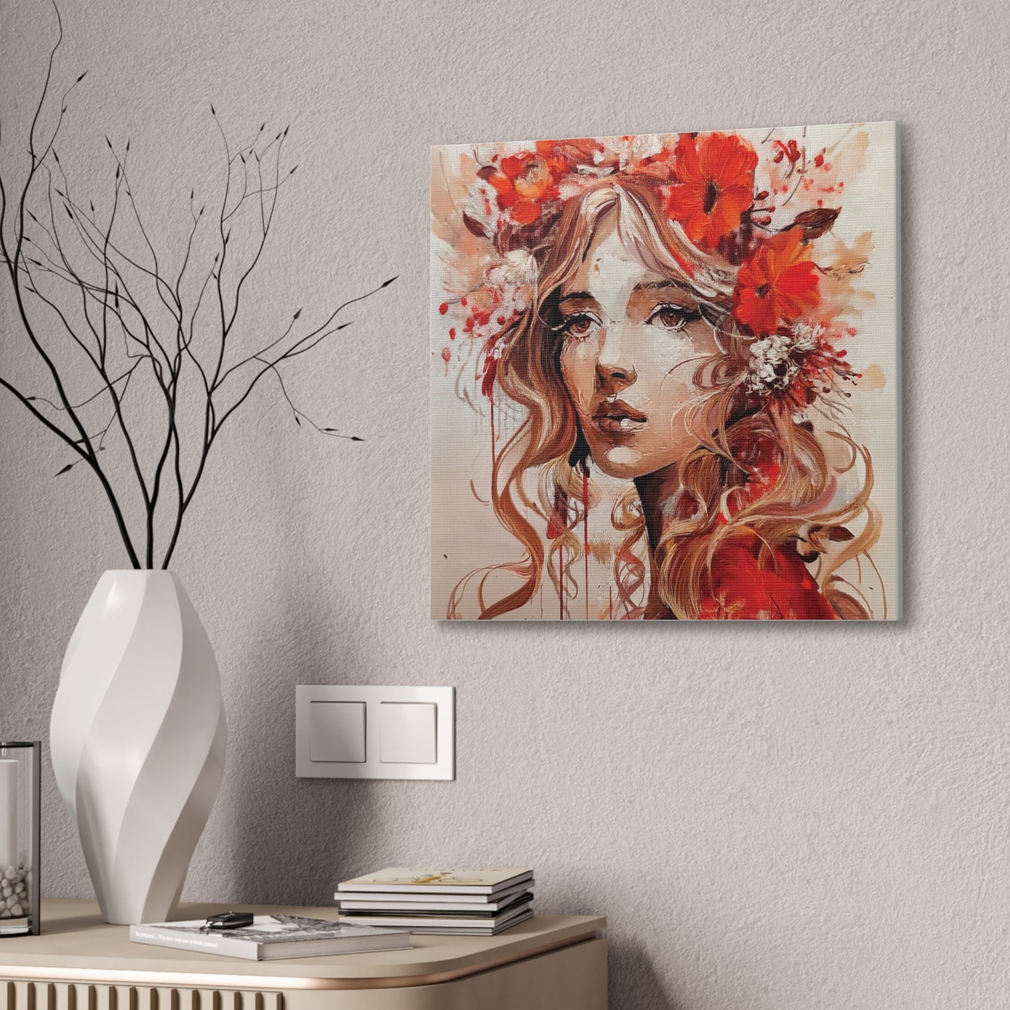 Stretched Canvas Art Print - Floral Portrait, Home Decor, Gift, Wall Art, Boho Style, Art for Living Room, Unique Gift Idea