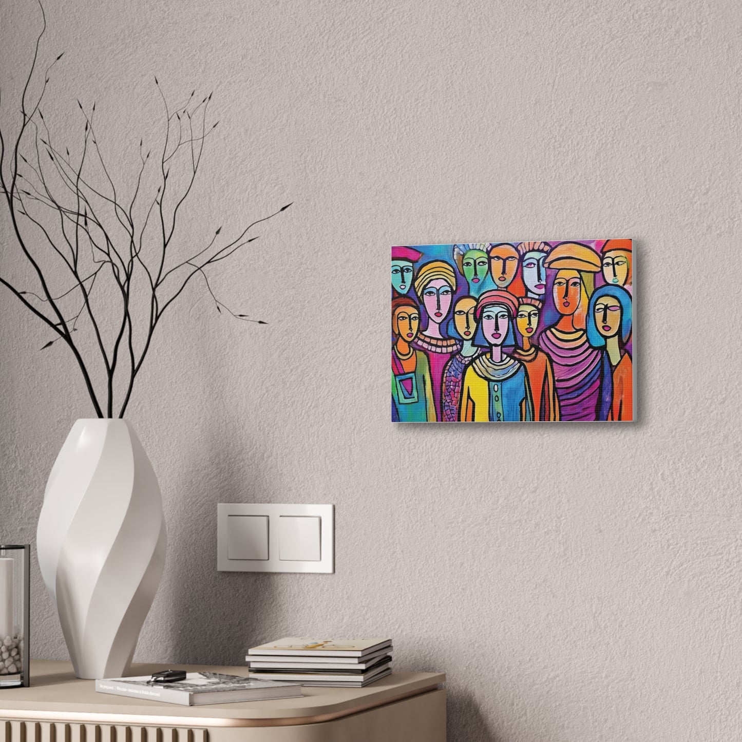 Colorful Stretched Canvas Art, Vibrant Wall Decor, Group of People Painting, Modern Home Gallery, Unique Gift for Art Lovers